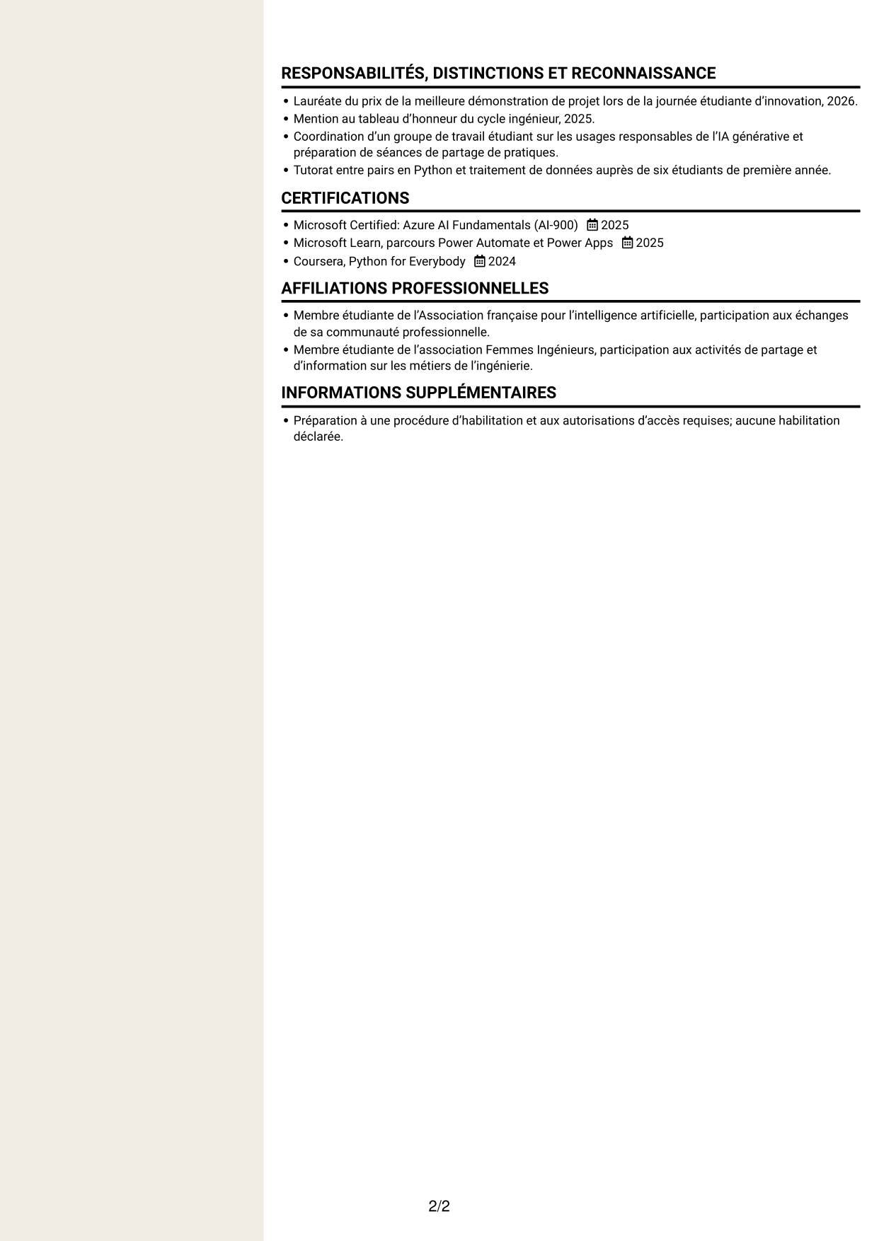 CV Fonceur (format à deux colonnes avec en-tête centré sans photo) : Ingénieur IA et automatisation des processus, page 2