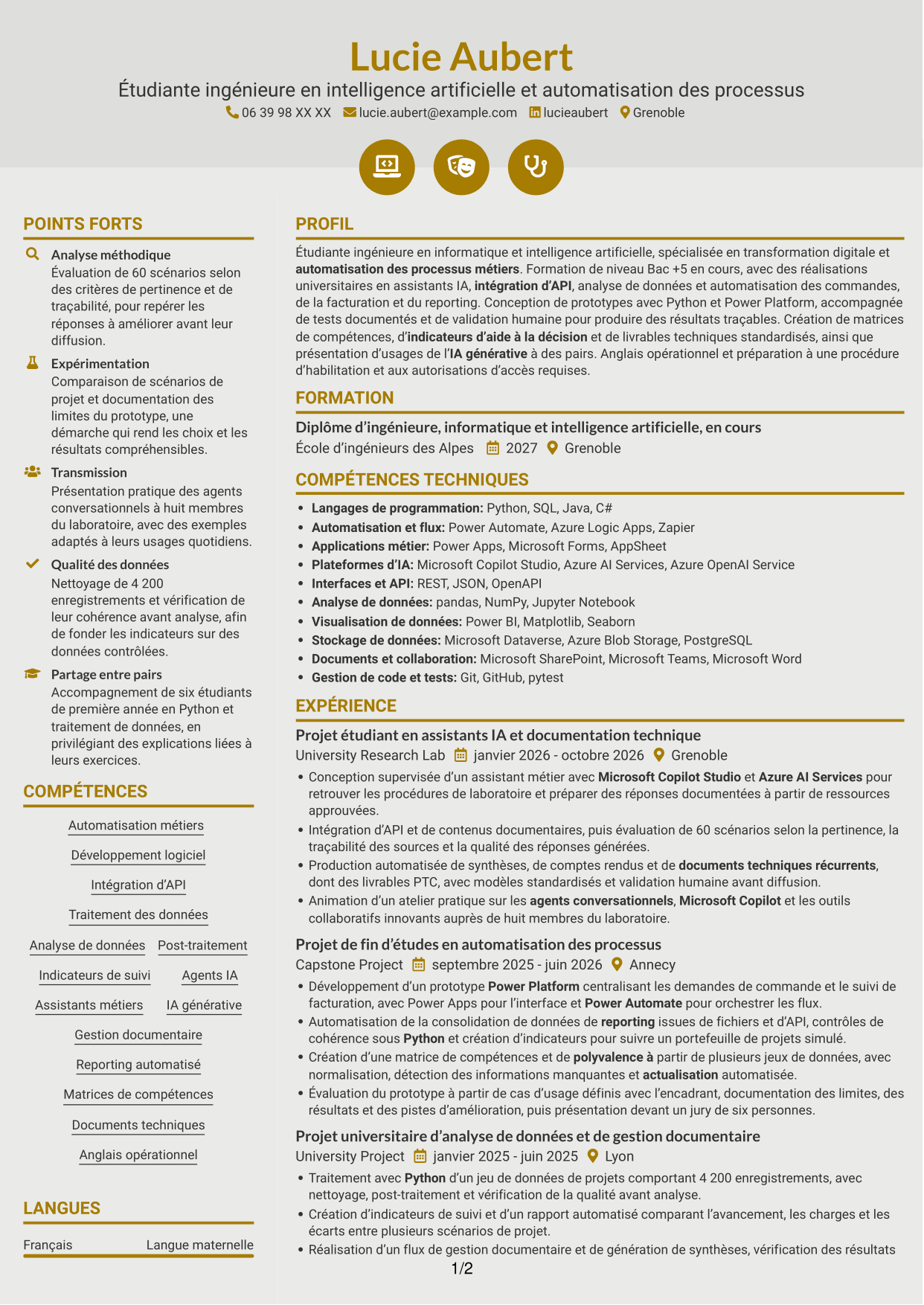 CV Dynamique (format à deux colonnes avec icônes) : Ingénieur IA et automatisation des processus, page 1