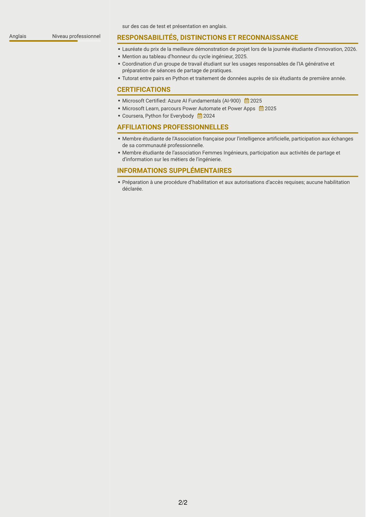 CV Dynamique (format à deux colonnes avec icônes) : Ingénieur IA et automatisation des processus, page 2