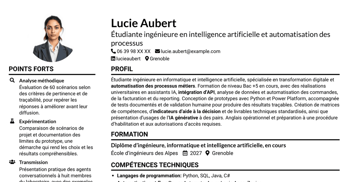 7 modèles de CV pour Ingénieur IA et automatisation des processus, avec exemples