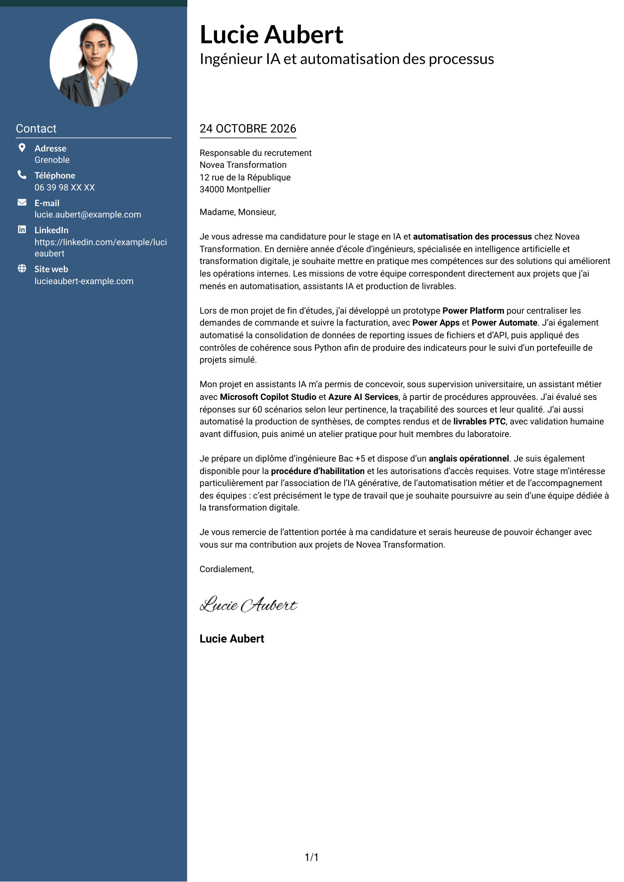 Lettre de motivation Élégant (format à colonne latérale colorée avec photo) : Ingénieur IA et automatisation des processus, page 1