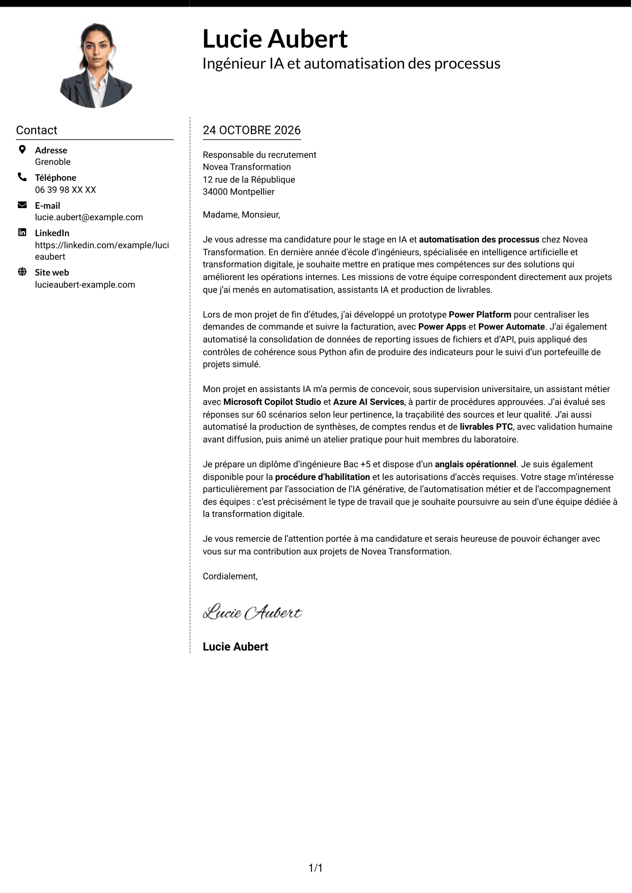 Lettre de motivation Moderne (format à deux colonnes avec photo à gauche et séparateur) : Ingénieur IA et automatisation des processus, page 1