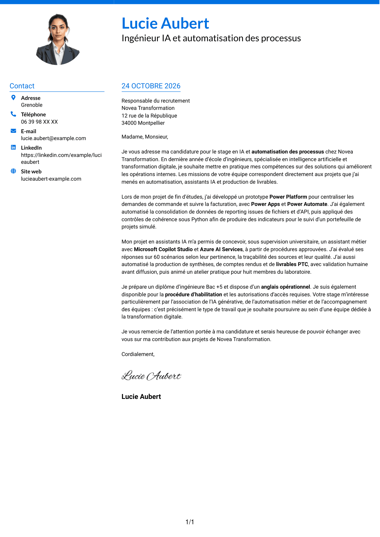 Lettre de motivation Audacieux (format à deux colonnes avec accents colorés et photo) : Ingénieur IA et automatisation des processus, page 1