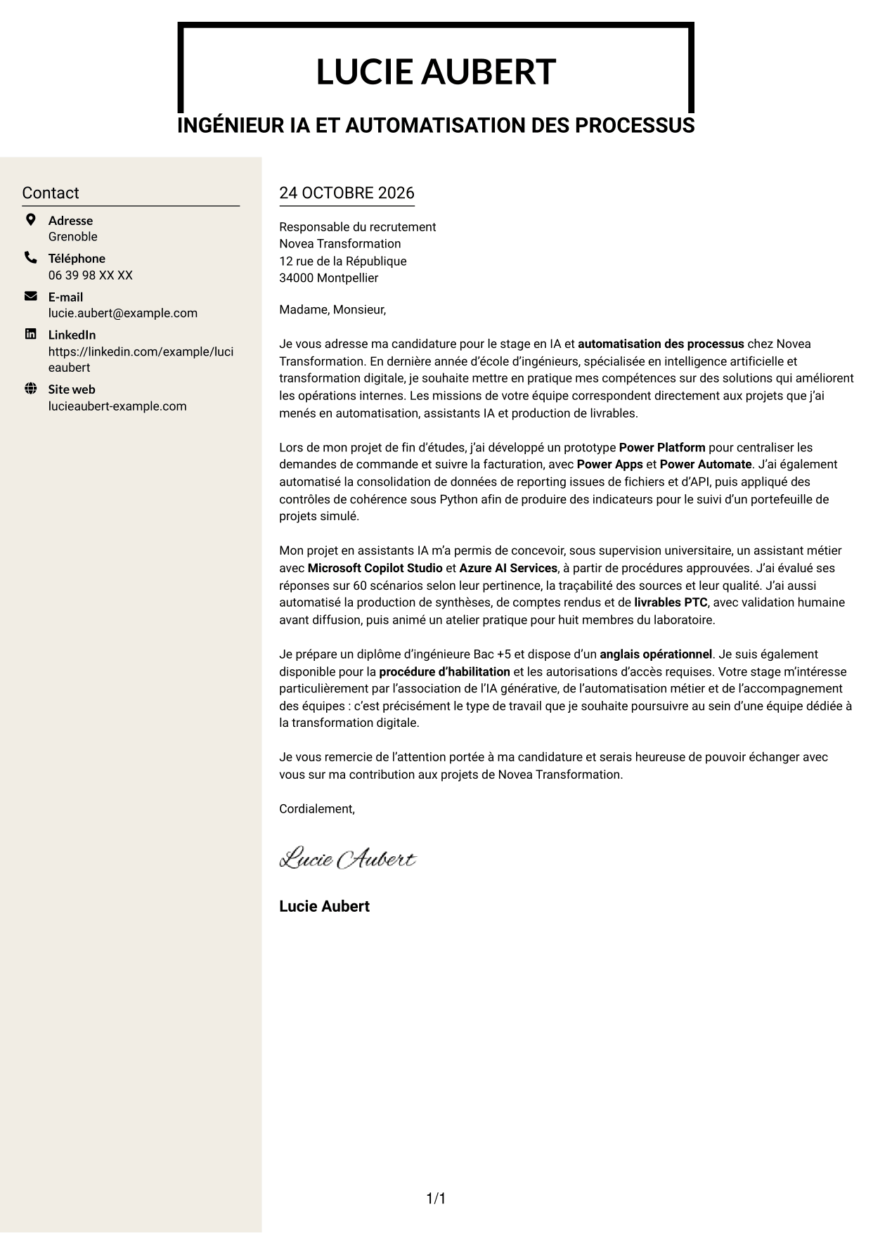 Lettre de motivation Fonceur (format à deux colonnes avec en-tête centré sans photo) : Ingénieur IA et automatisation des processus, page 1