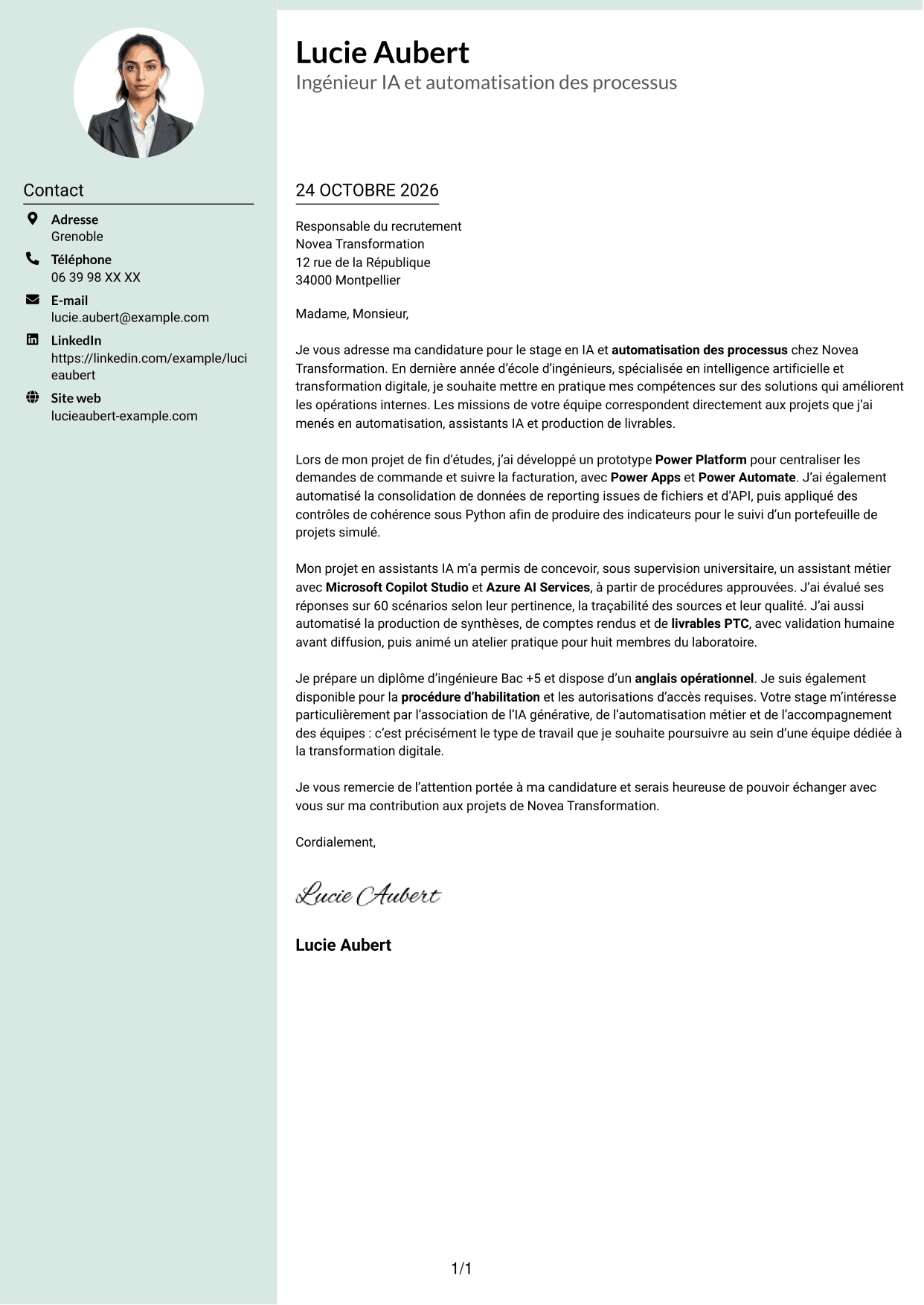 Lettre de motivation Cadre (format à colonne latérale douce avec photo arrondie) : Ingénieur IA et automatisation des processus, page 1