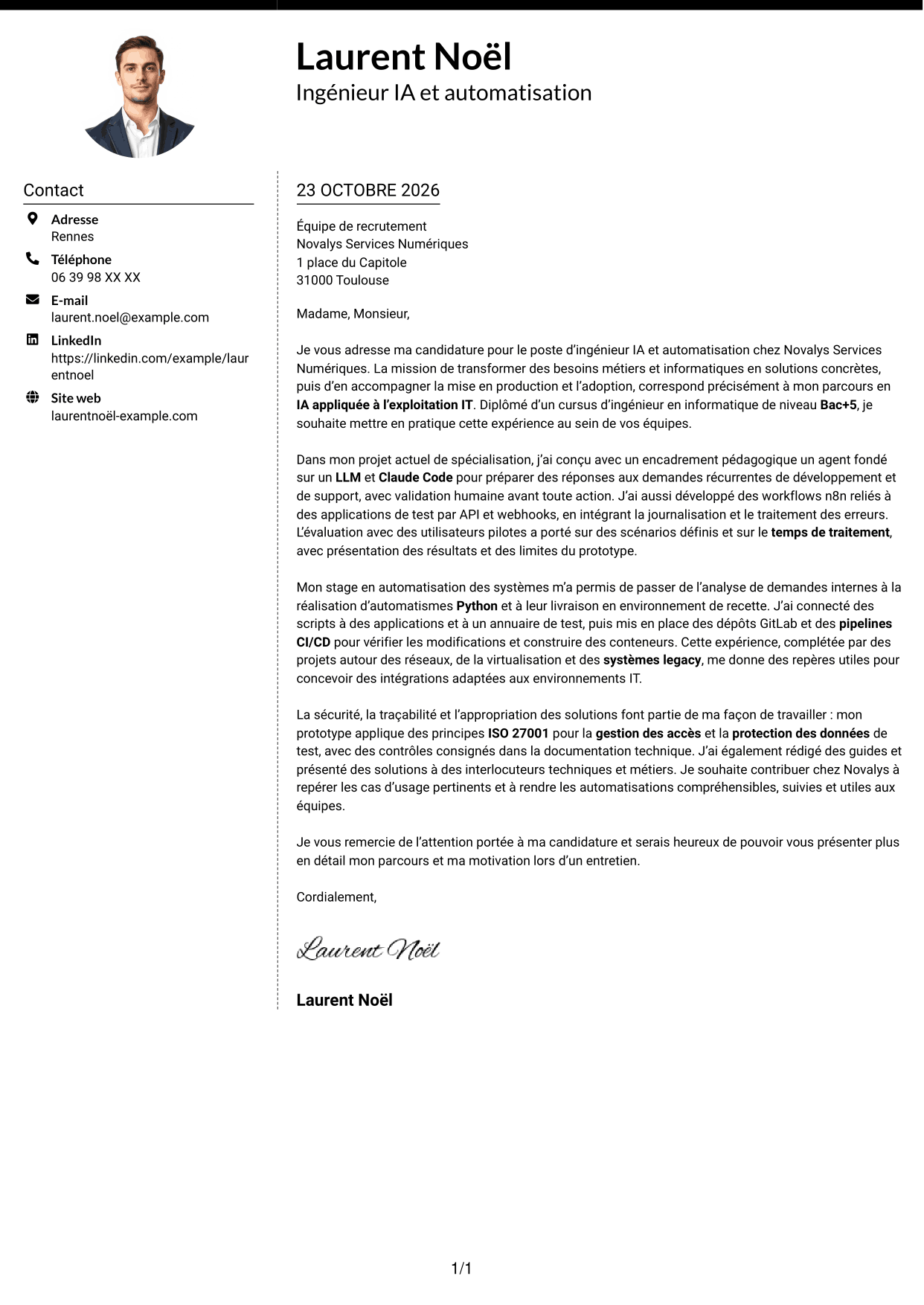 Lettre de motivation Moderne (format à deux colonnes avec photo à gauche et séparateur) : Ingénieur IA et automatisation, page 1