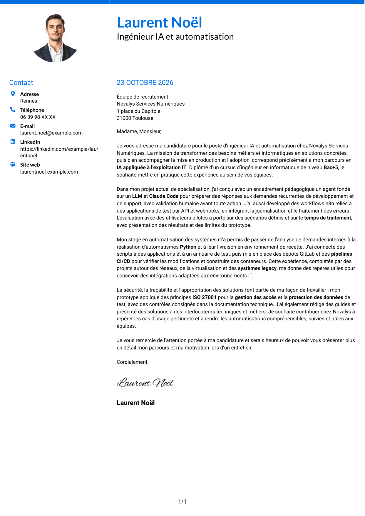 Lettre de motivation Audacieux (format à deux colonnes avec accents colorés et photo) : Ingénieur IA et automatisation, page 1