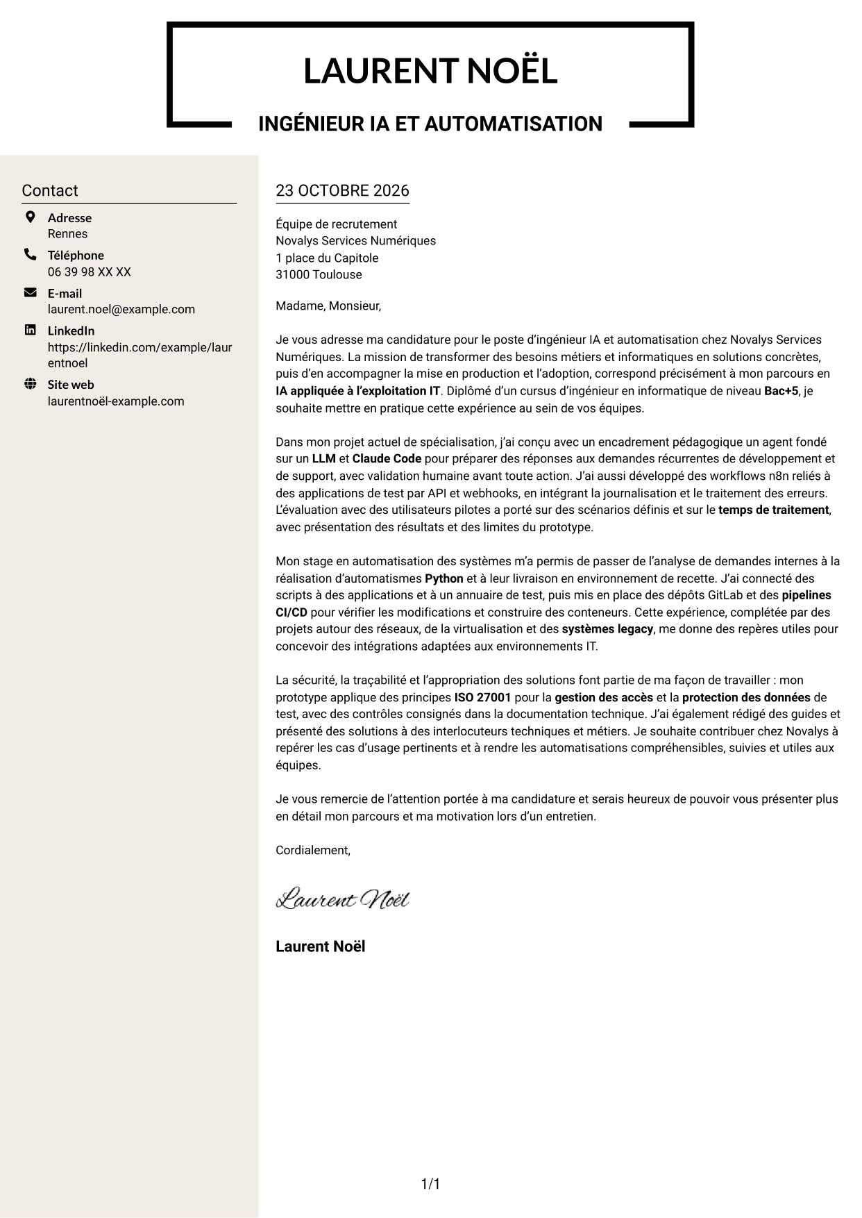 Lettre de motivation Fonceur (format à deux colonnes avec en-tête centré sans photo) : Ingénieur IA et automatisation, page 1
