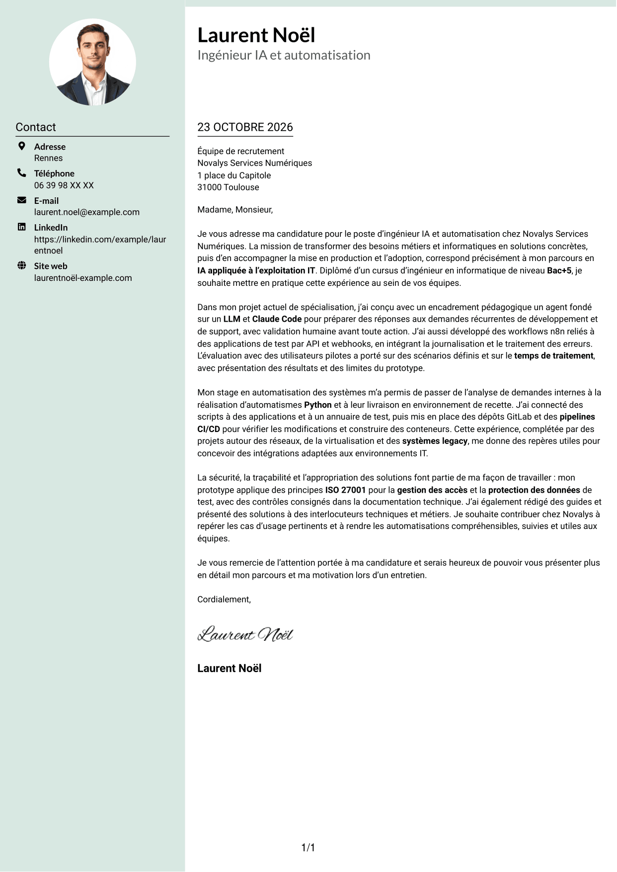 Lettre de motivation Cadre (format à colonne latérale douce avec photo arrondie) : Ingénieur IA et automatisation, page 1