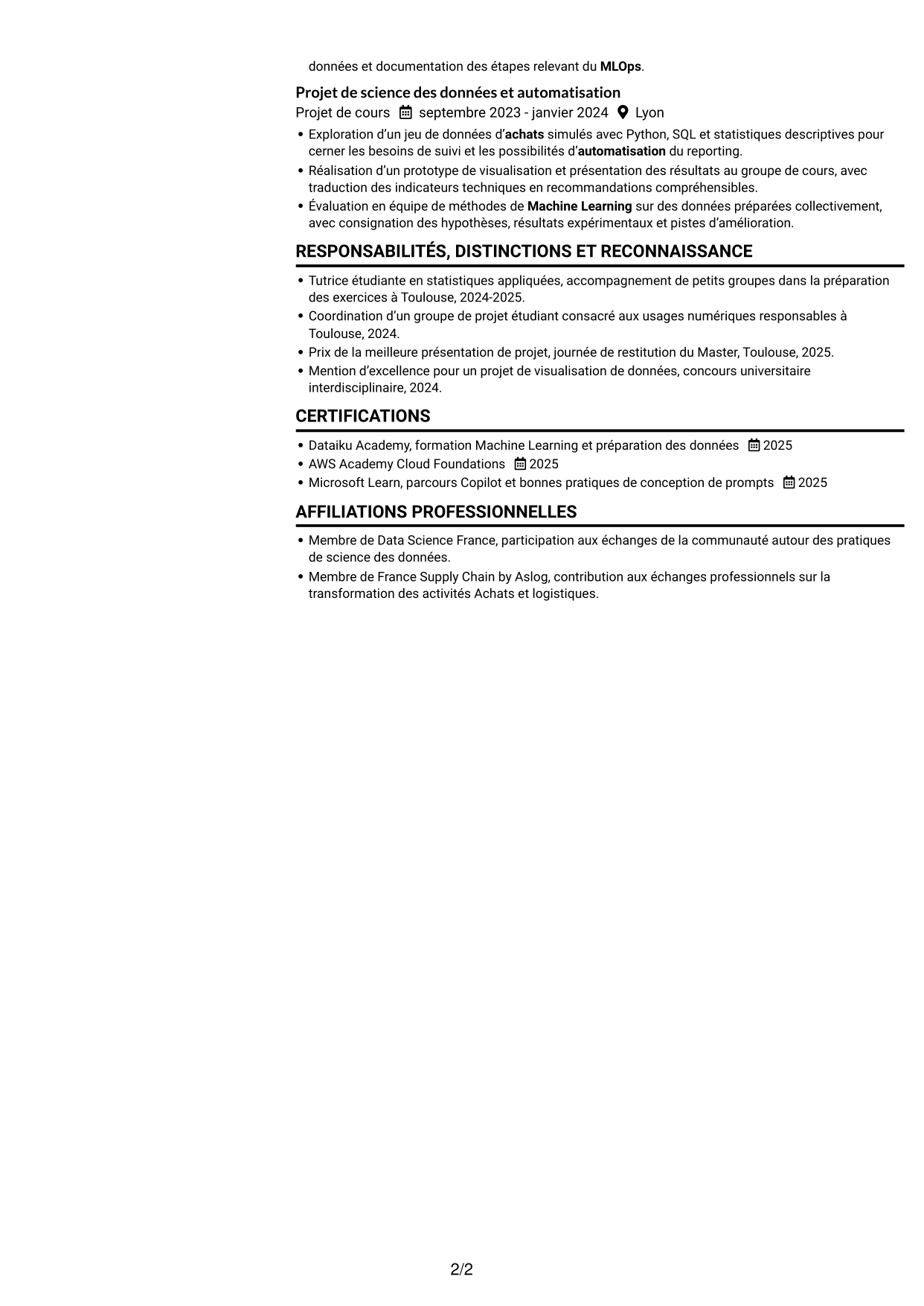 CV Compact (format sobre à deux colonnes avec photo) : Ingénieur IA et Product Owner Achats, page 2