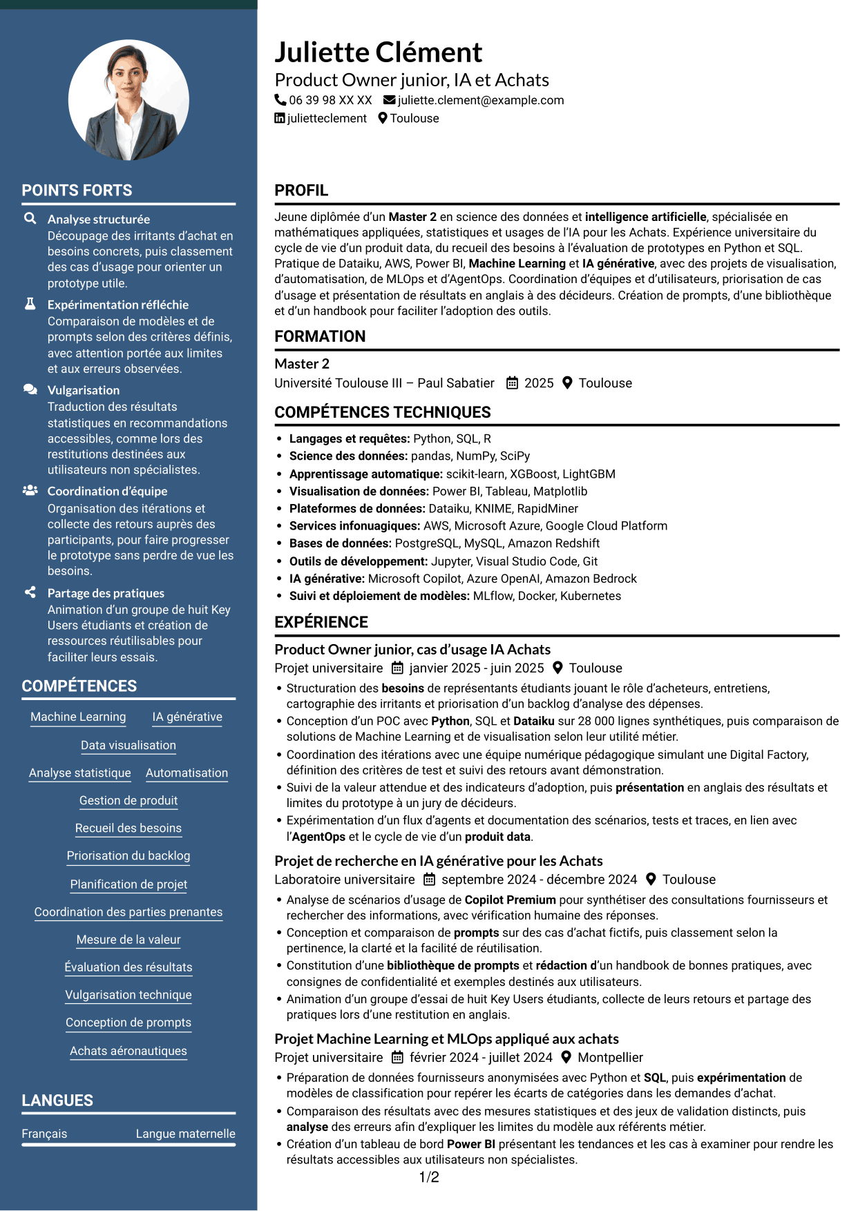 CV Élégant (format à colonne latérale colorée avec photo) : Ingénieur IA et Product Owner Achats, page 1
