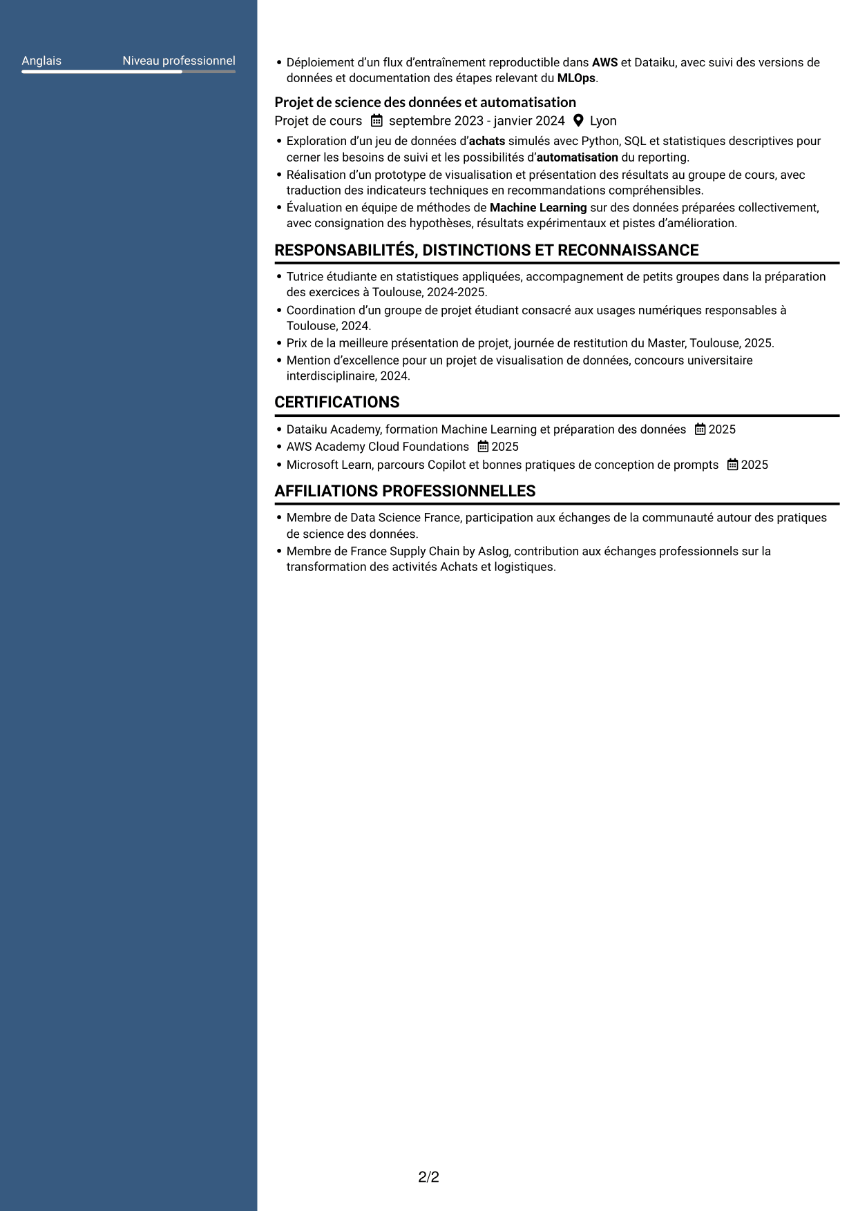 CV Élégant (format à colonne latérale colorée avec photo) : Ingénieur IA et Product Owner Achats, page 2