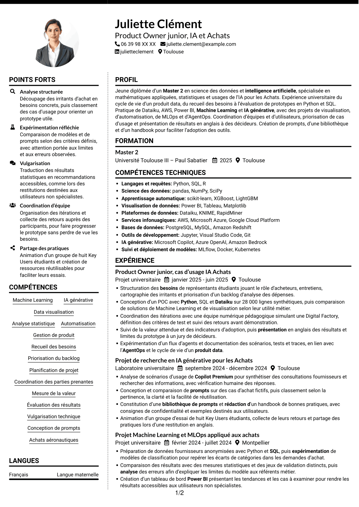 CV Moderne (format à deux colonnes avec photo à gauche et séparateur) : Ingénieur IA et Product Owner Achats, page 1