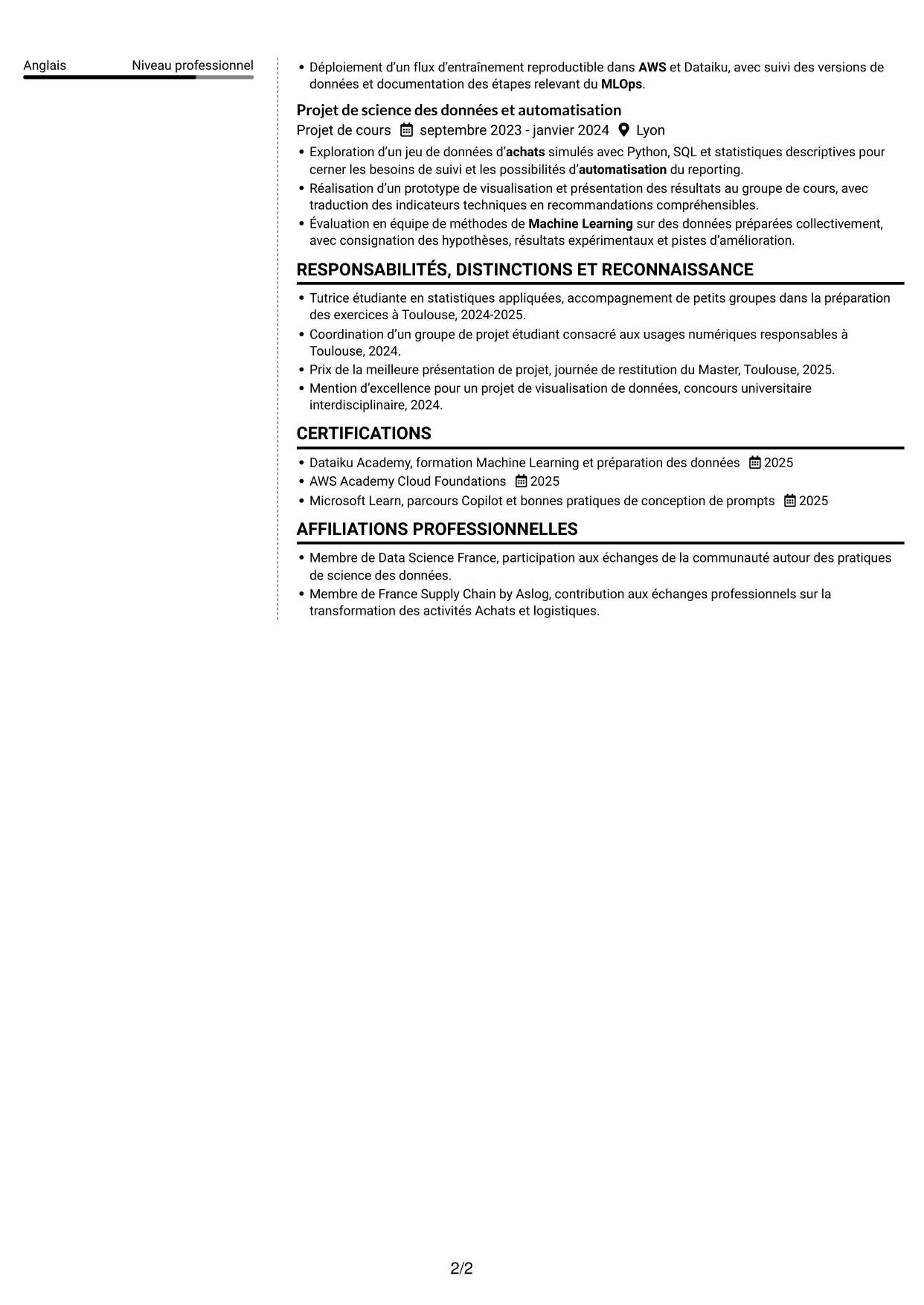 CV Moderne (format à deux colonnes avec photo à gauche et séparateur) : Ingénieur IA et Product Owner Achats, page 2