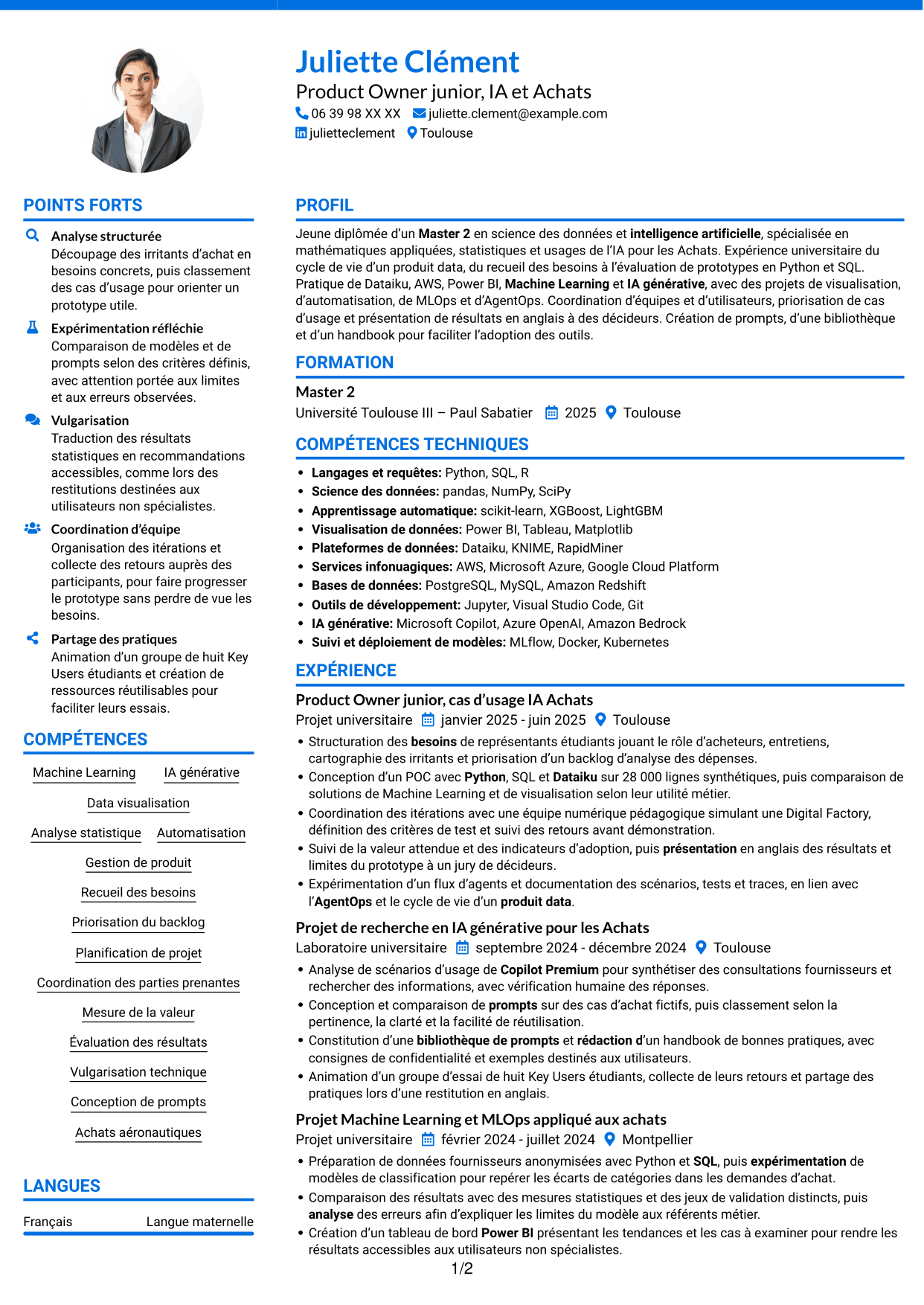 CV Audacieux (format à deux colonnes avec accents colorés et photo) : Ingénieur IA et Product Owner Achats, page 1