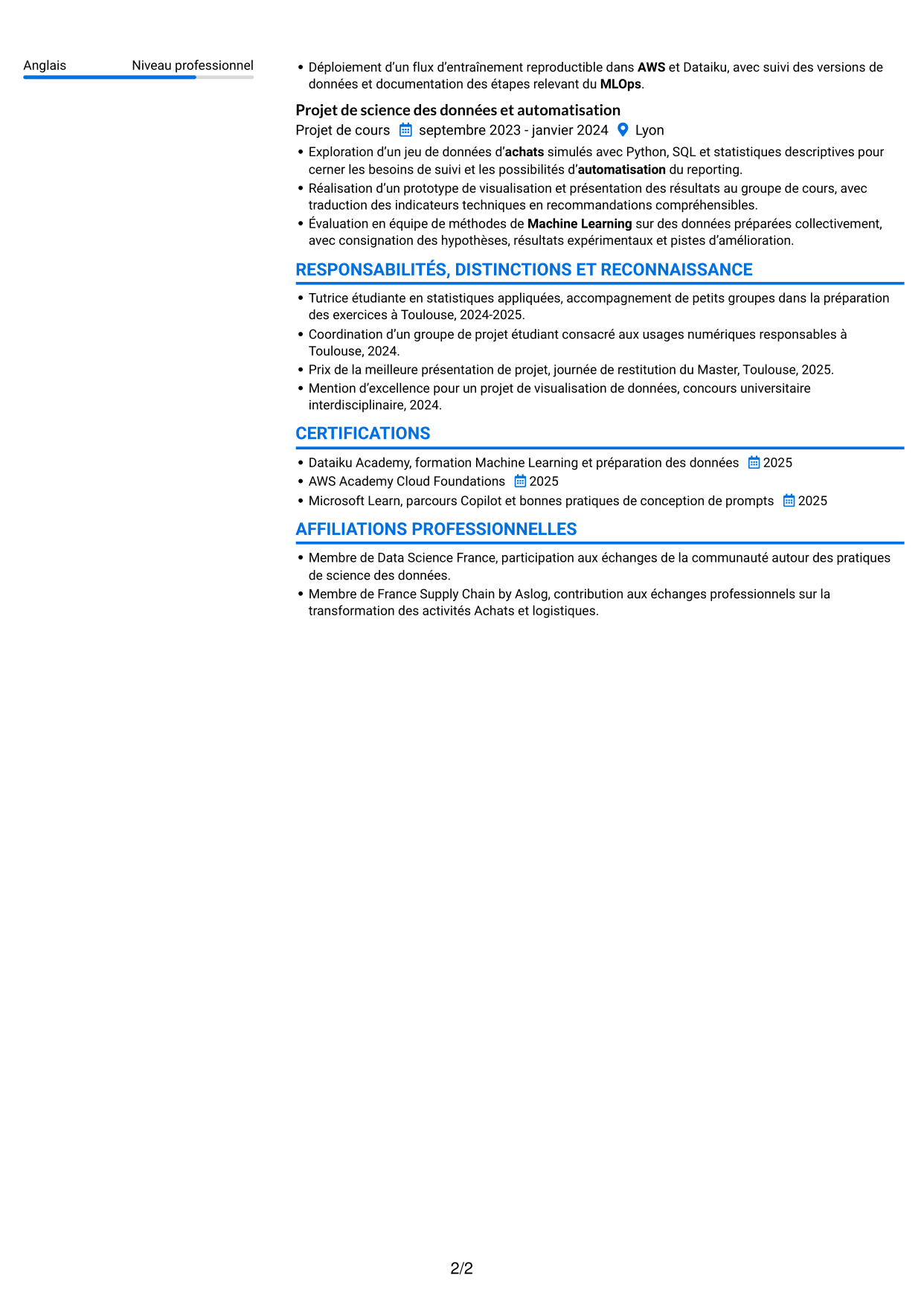 CV Audacieux (format à deux colonnes avec accents colorés et photo) : Ingénieur IA et Product Owner Achats, page 2