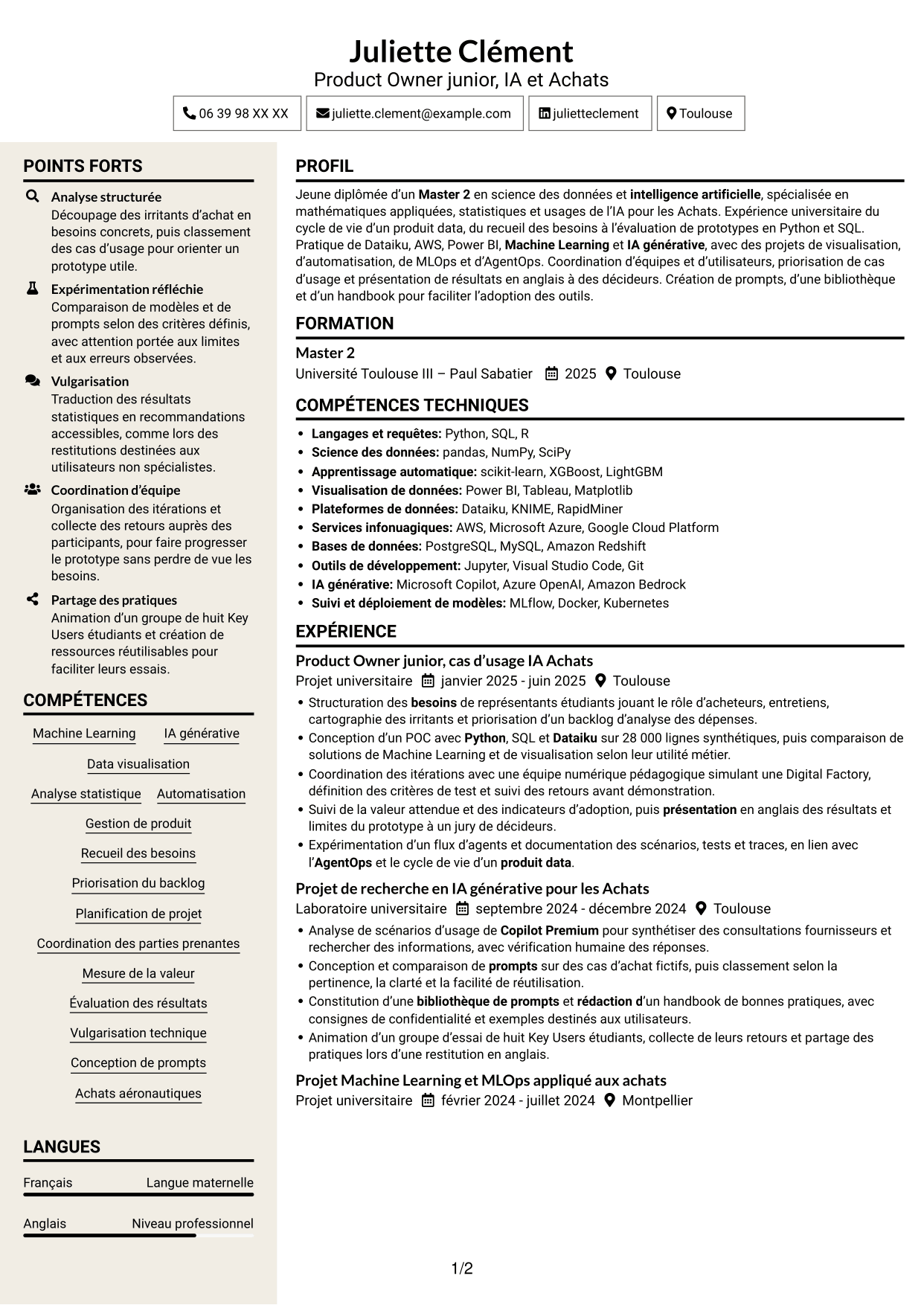 CV Fonceur (format à deux colonnes avec en-tête centré sans photo) : Ingénieur IA et Product Owner Achats, page 1