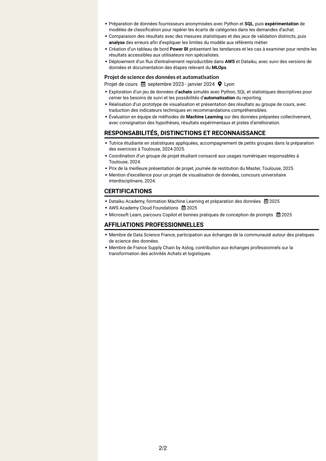 CV Fonceur (format à deux colonnes avec en-tête centré sans photo) : Ingénieur IA et Product Owner Achats, page 2