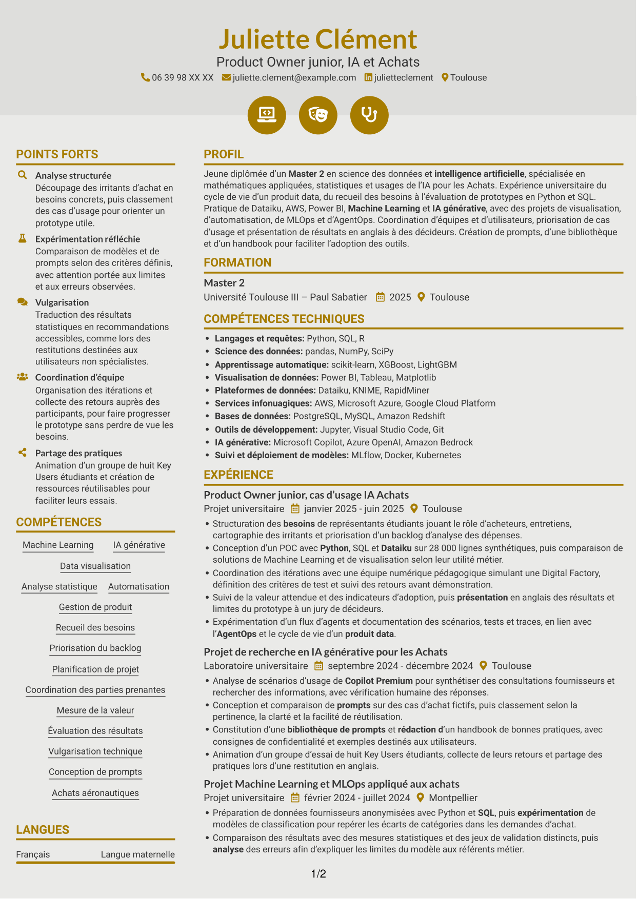 CV Dynamique (format à deux colonnes avec icônes) : Ingénieur IA et Product Owner Achats, page 1