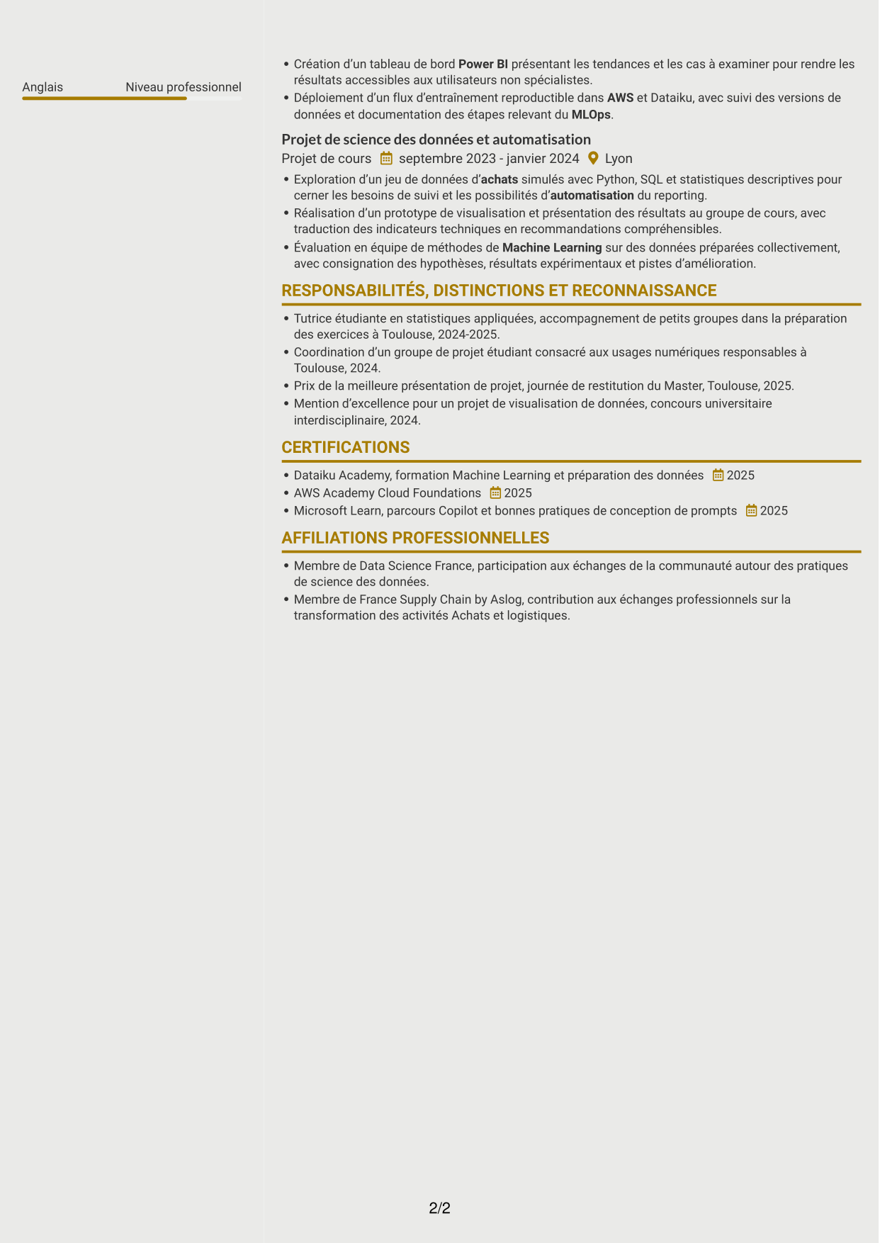 CV Dynamique (format à deux colonnes avec icônes) : Ingénieur IA et Product Owner Achats, page 2