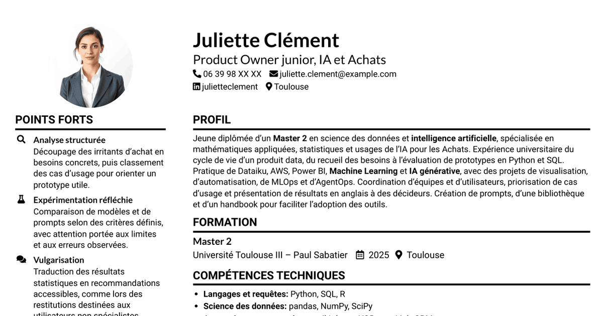 7 modèles de CV pour Ingénieur IA et Product Owner Achats, avec exemples