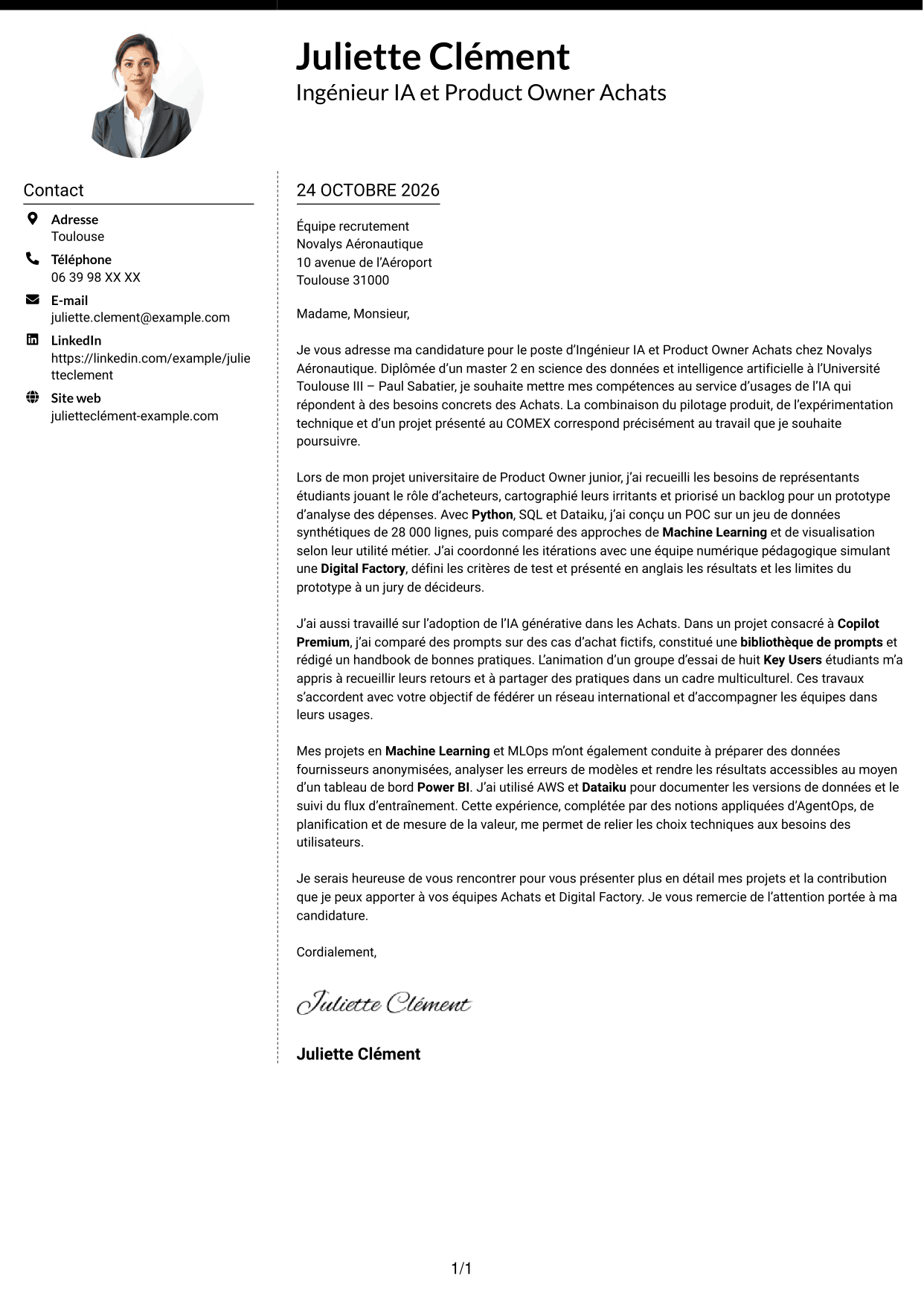 Lettre de motivation Moderne (format à deux colonnes avec photo à gauche et séparateur) : Ingénieur IA et Product Owner Achats, page 1