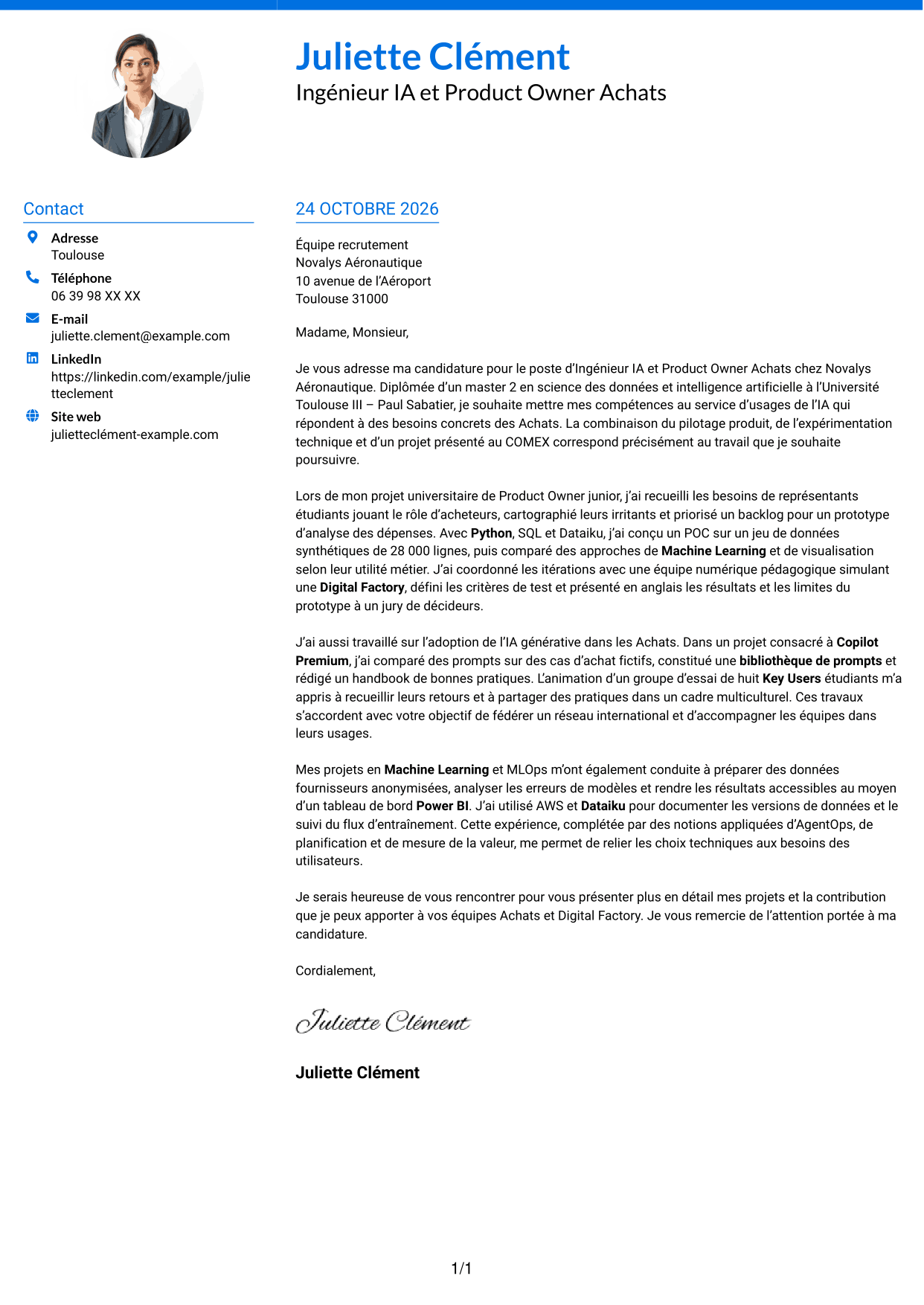 Lettre de motivation Audacieux (format à deux colonnes avec accents colorés et photo) : Ingénieur IA et Product Owner Achats, page 1
