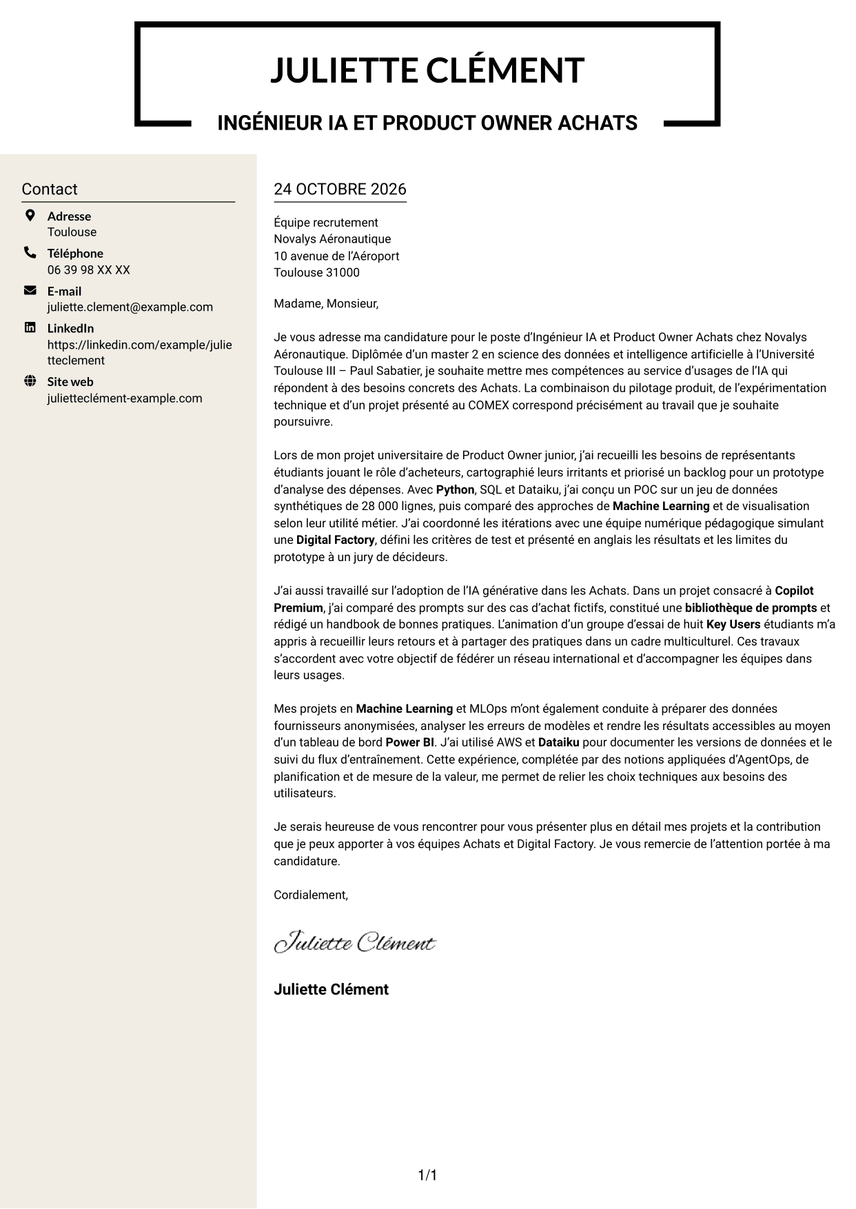 Lettre de motivation Fonceur (format à deux colonnes avec en-tête centré sans photo) : Ingénieur IA et Product Owner Achats, page 1