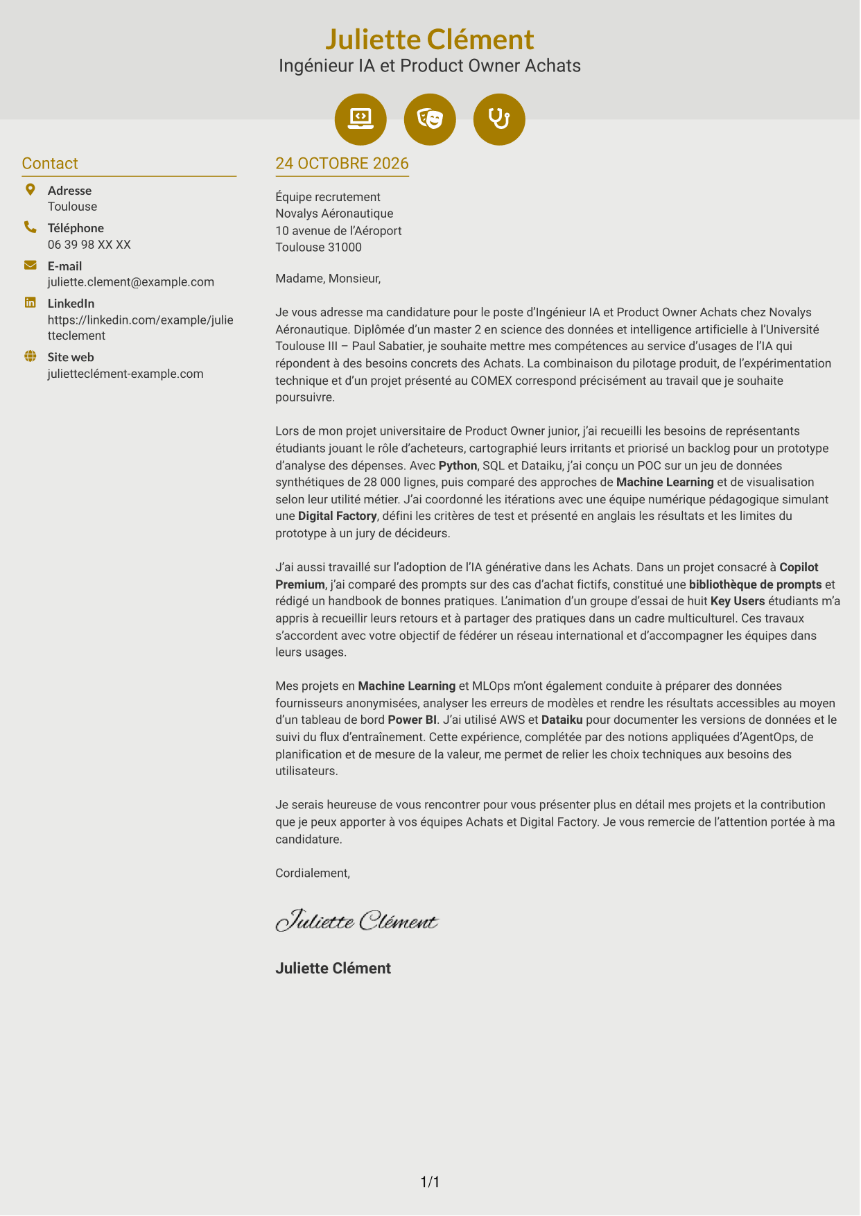 Lettre de motivation Dynamique (format à deux colonnes avec icônes) : Ingénieur IA et Product Owner Achats, page 1