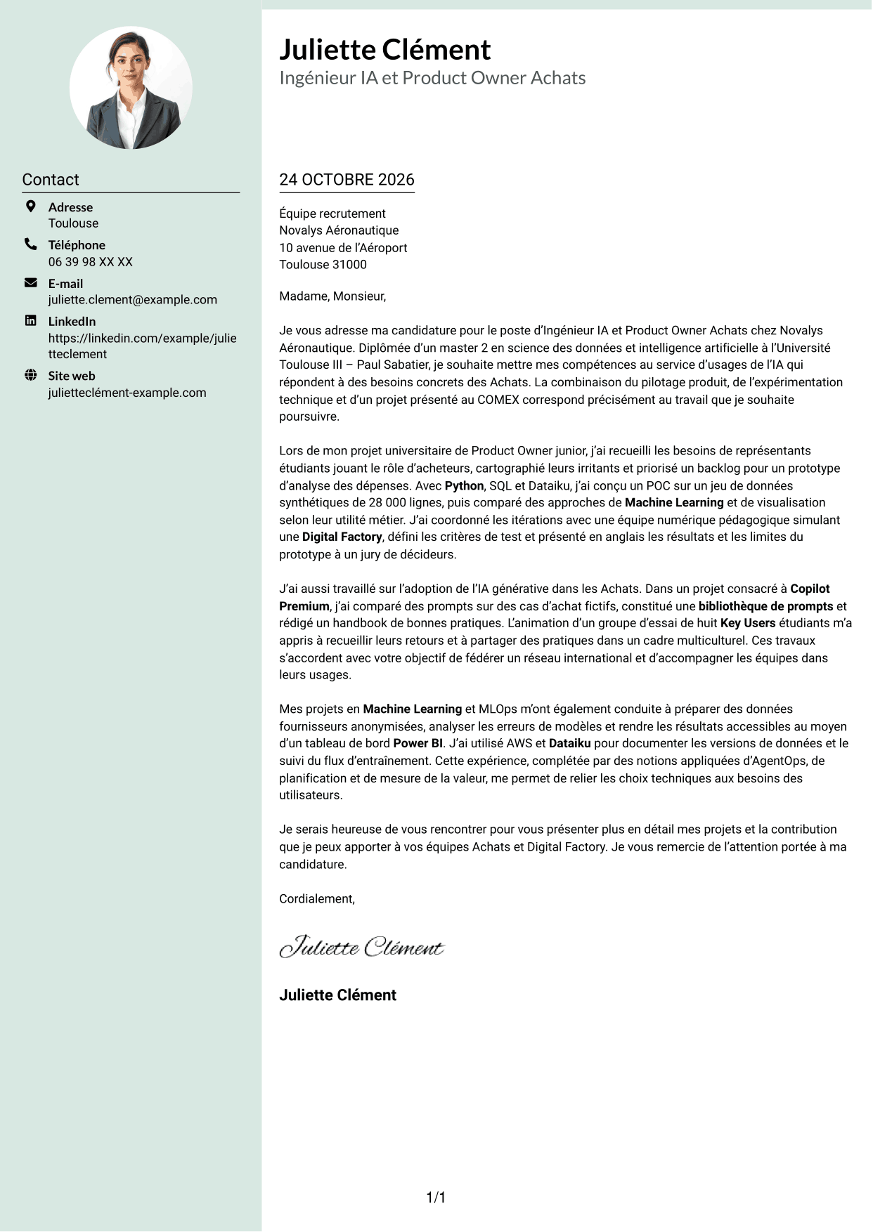 Lettre de motivation Cadre (format à colonne latérale douce avec photo arrondie) : Ingénieur IA et Product Owner Achats, page 1