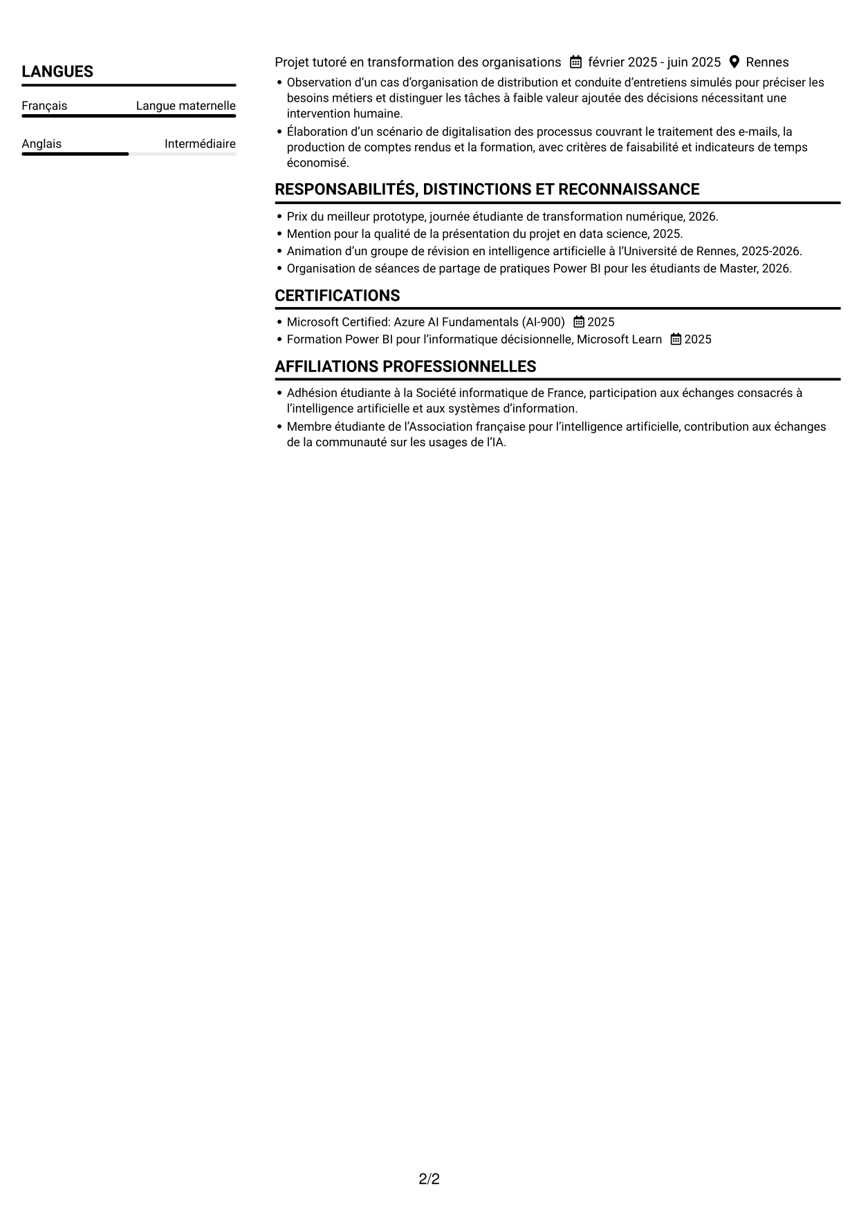 CV Compact (format sobre à deux colonnes avec photo) : Ingénieur IA et transformation digitale, page 2