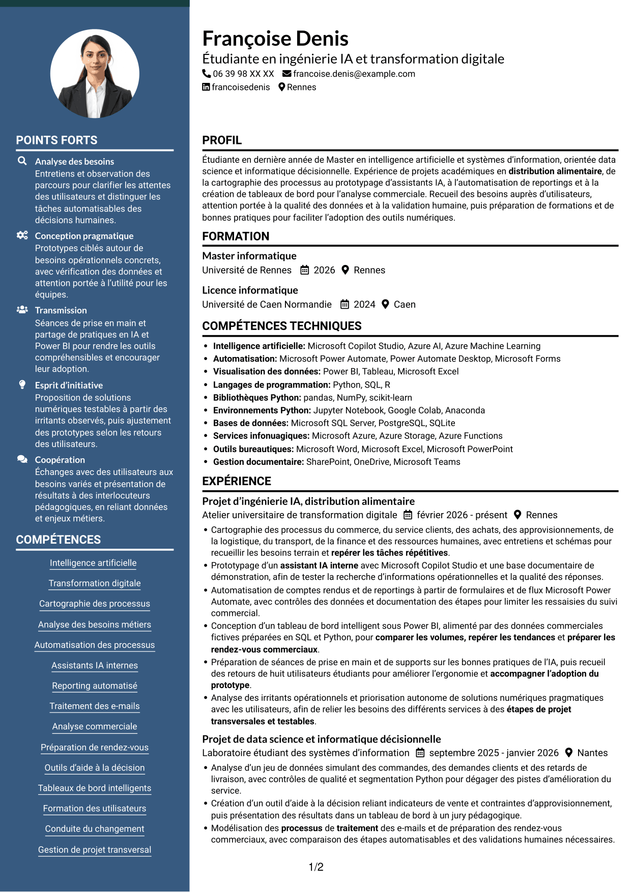 CV Élégant (format à colonne latérale colorée avec photo) : Ingénieur IA et transformation digitale, page 1