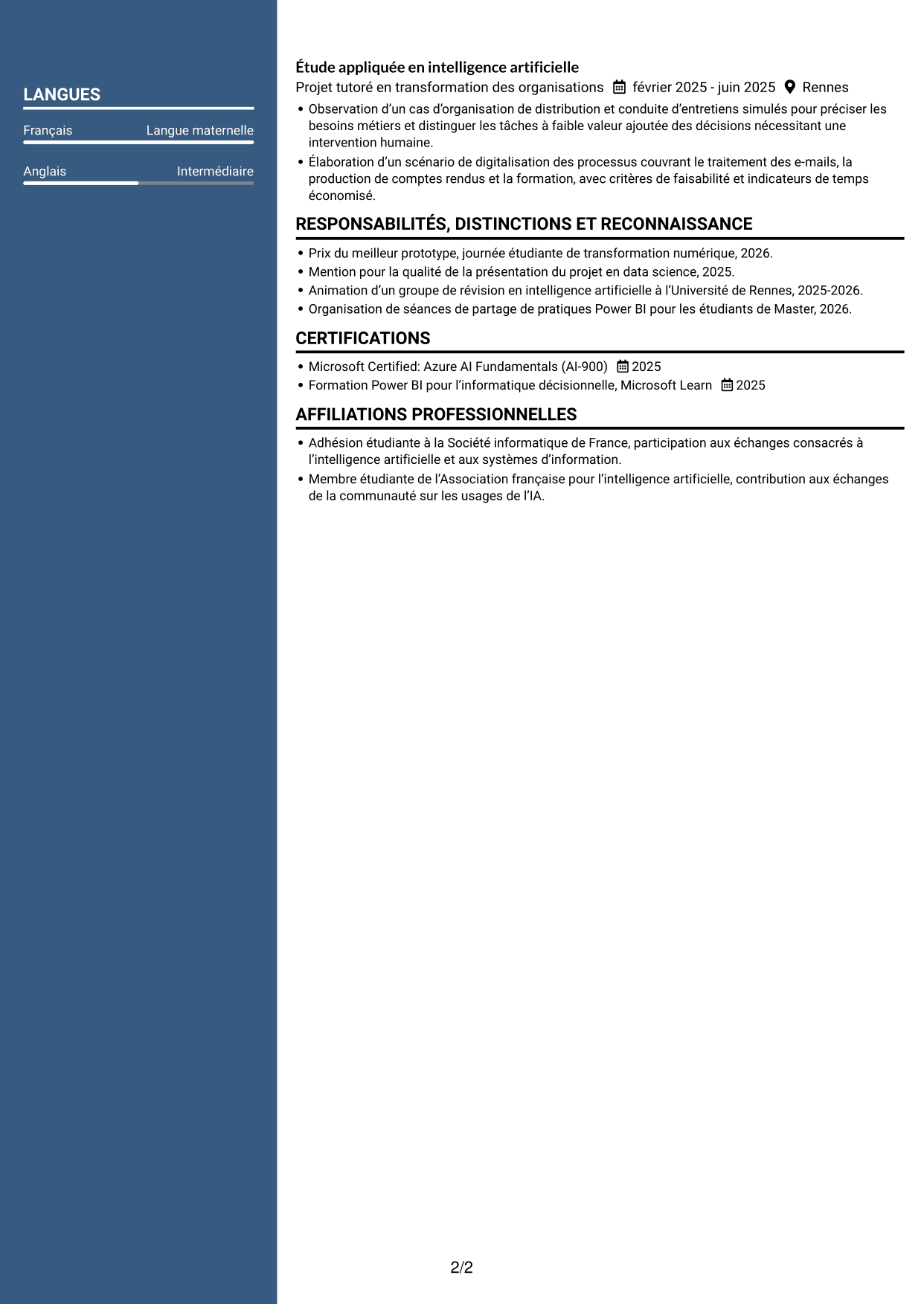 CV Élégant (format à colonne latérale colorée avec photo) : Ingénieur IA et transformation digitale, page 2