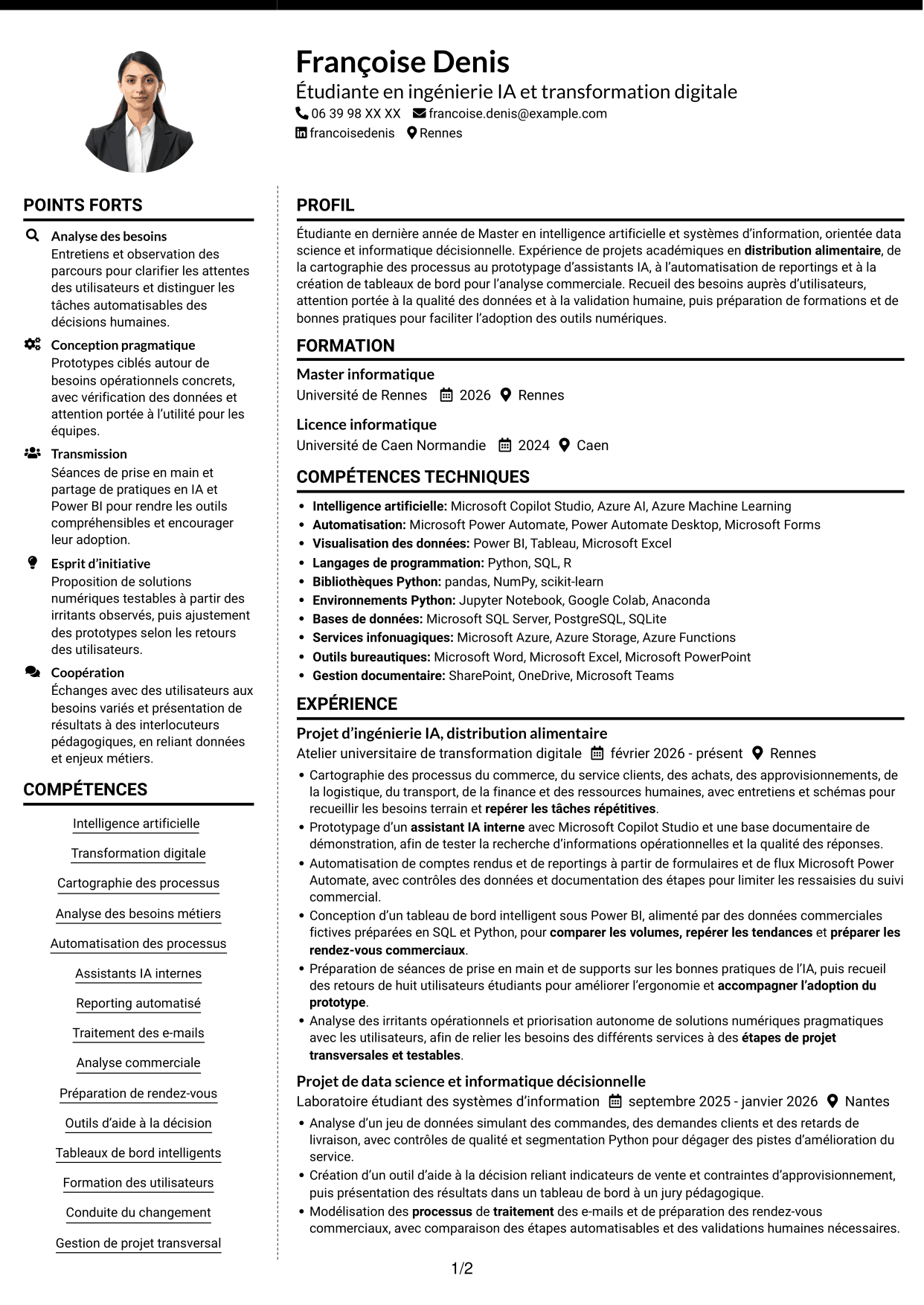 CV Moderne (format à deux colonnes avec photo à gauche et séparateur) : Ingénieur IA et transformation digitale, page 1