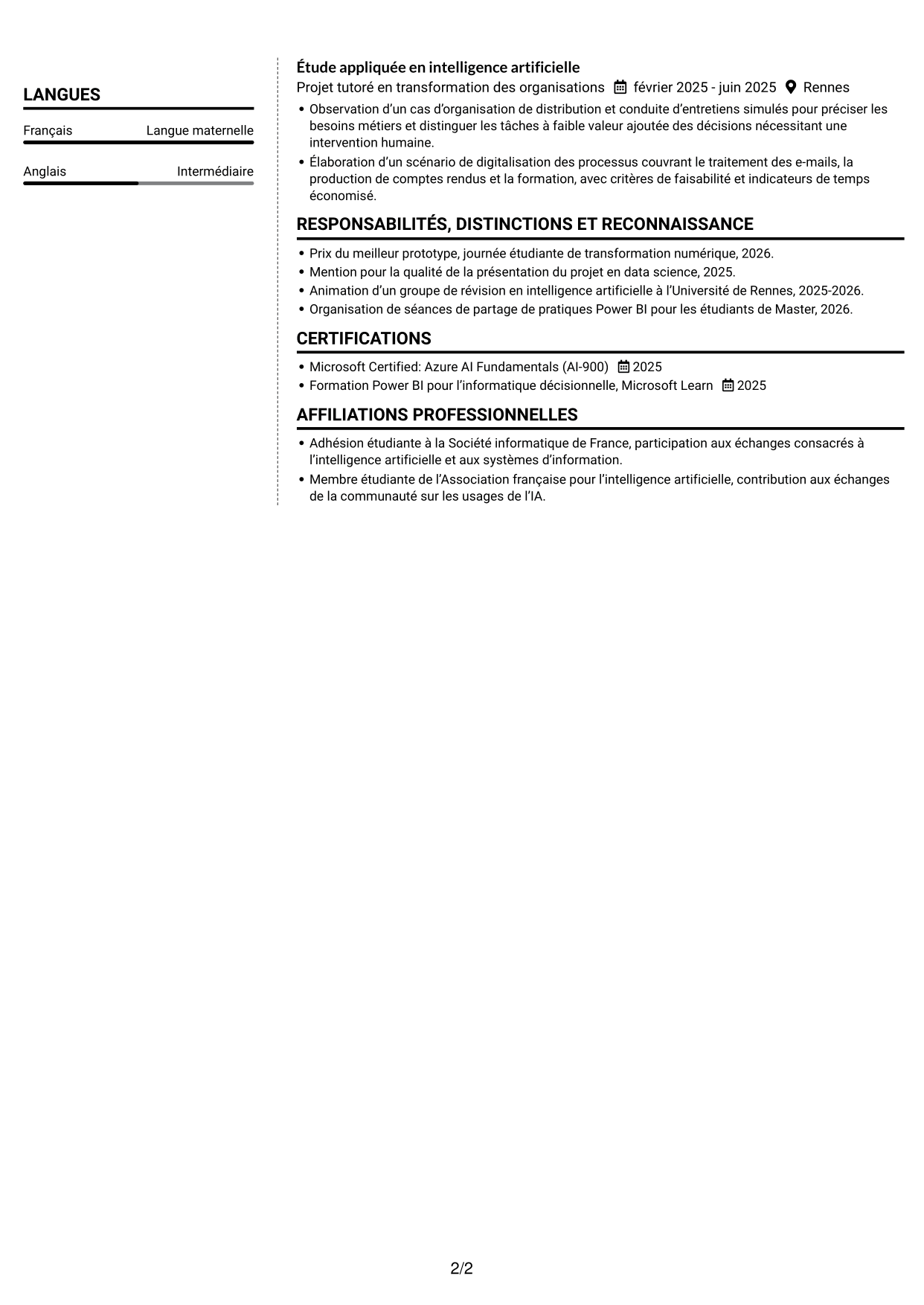 CV Moderne (format à deux colonnes avec photo à gauche et séparateur) : Ingénieur IA et transformation digitale, page 2