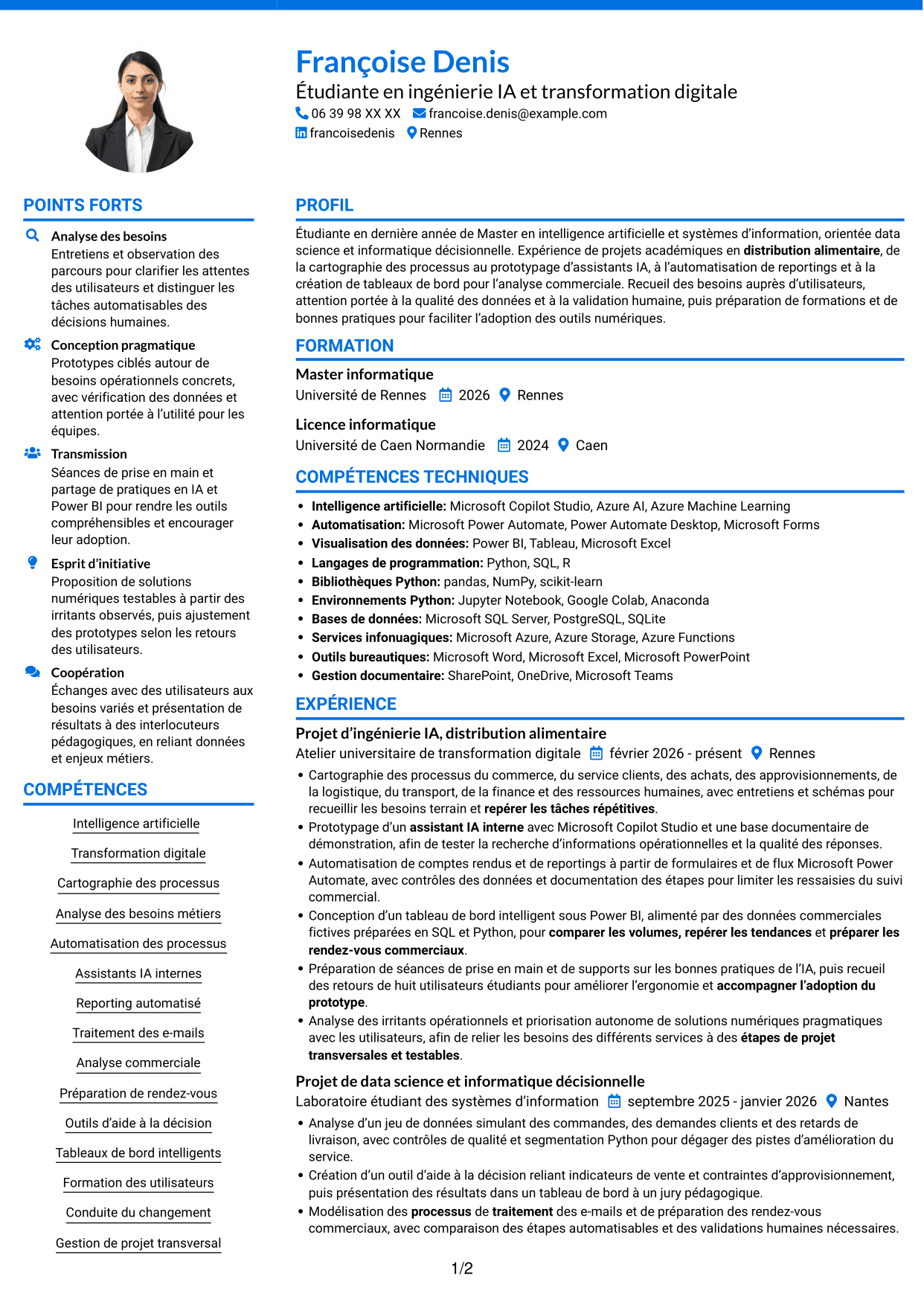 CV Audacieux (format à deux colonnes avec accents colorés et photo) : Ingénieur IA et transformation digitale, page 1