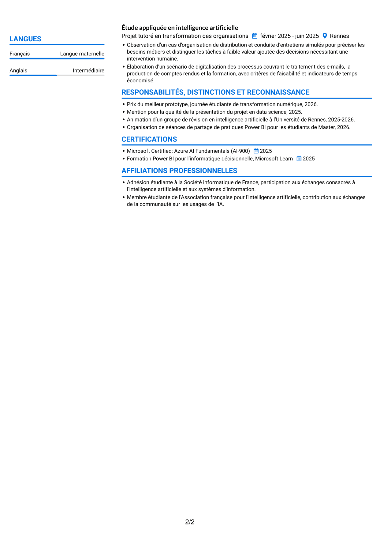 CV Audacieux (format à deux colonnes avec accents colorés et photo) : Ingénieur IA et transformation digitale, page 2