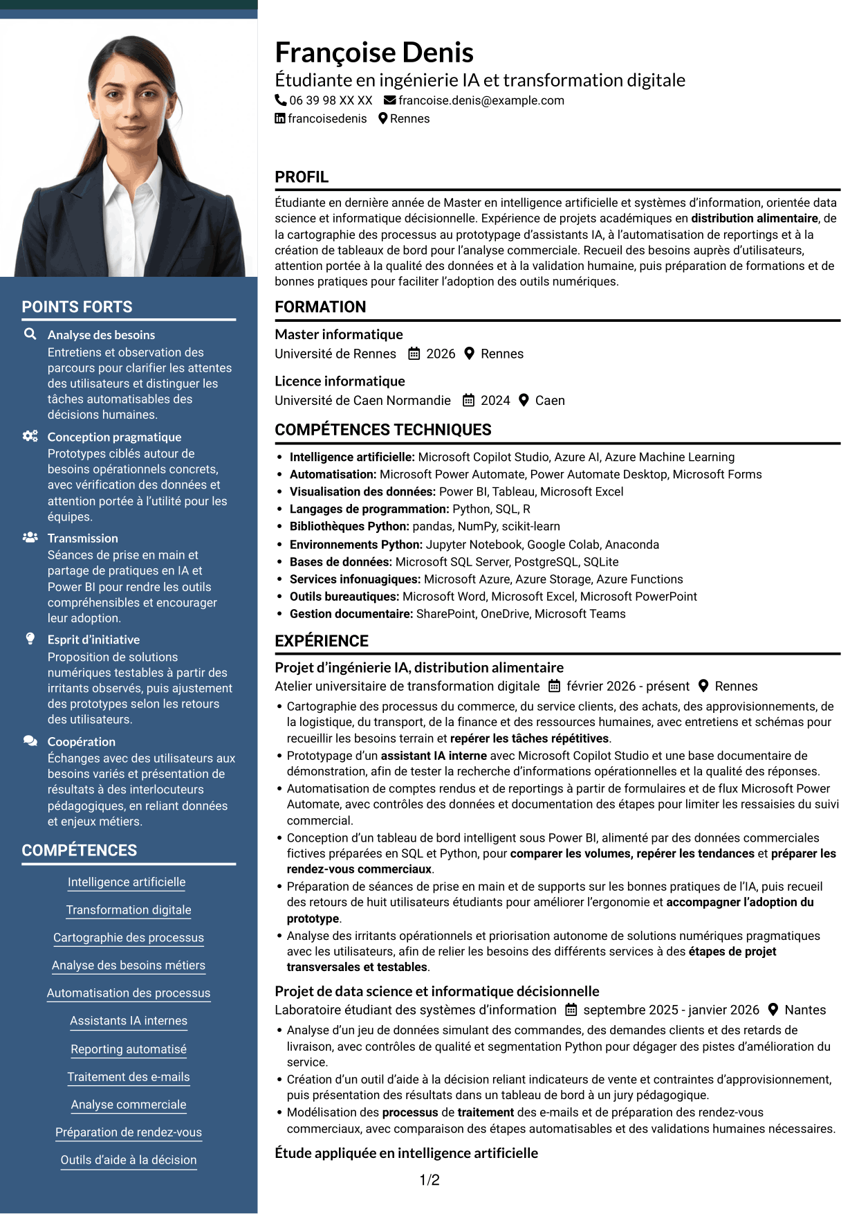 CV Signature (format à colonne latérale colorée avec grande photo) : Ingénieur IA et transformation digitale, page 1