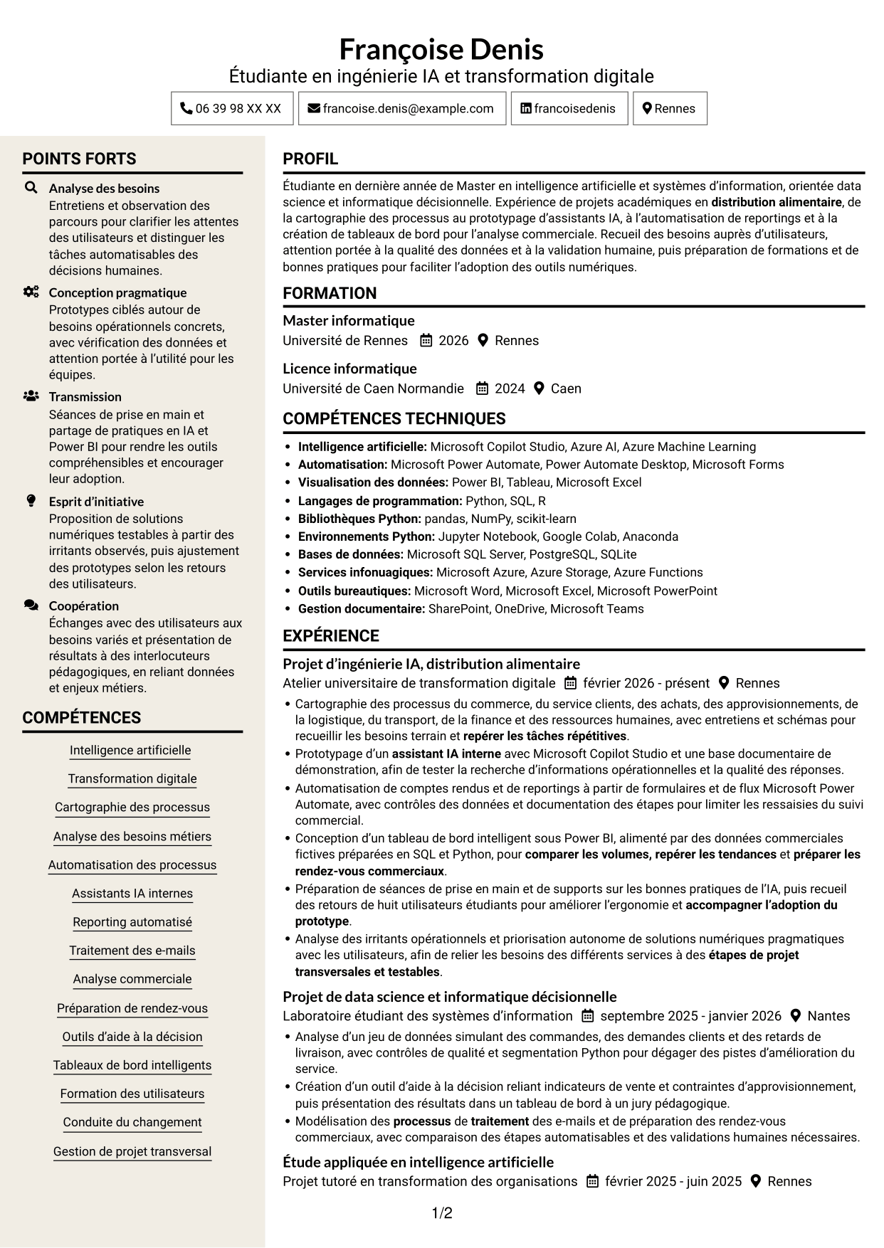 CV Fonceur (format à deux colonnes avec en-tête centré sans photo) : Ingénieur IA et transformation digitale, page 1
