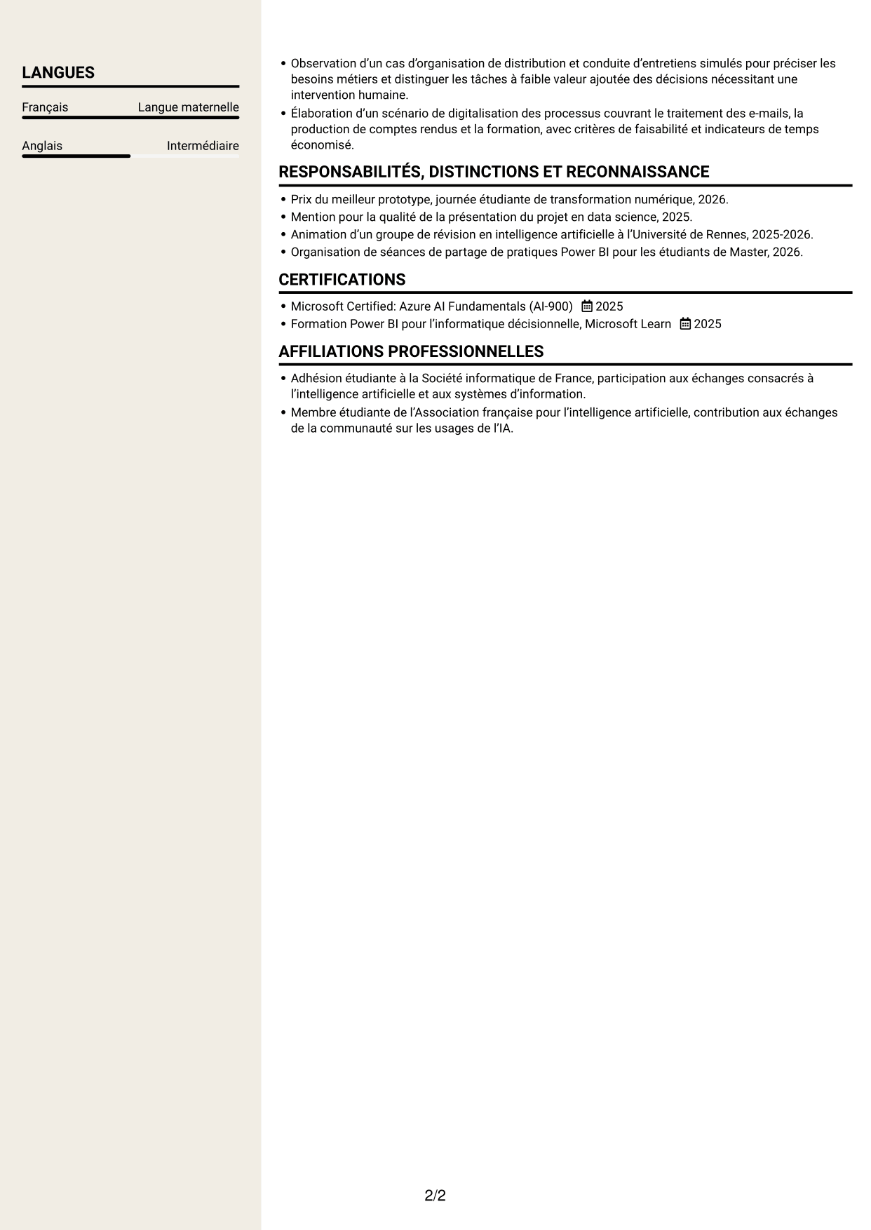 CV Fonceur (format à deux colonnes avec en-tête centré sans photo) : Ingénieur IA et transformation digitale, page 2