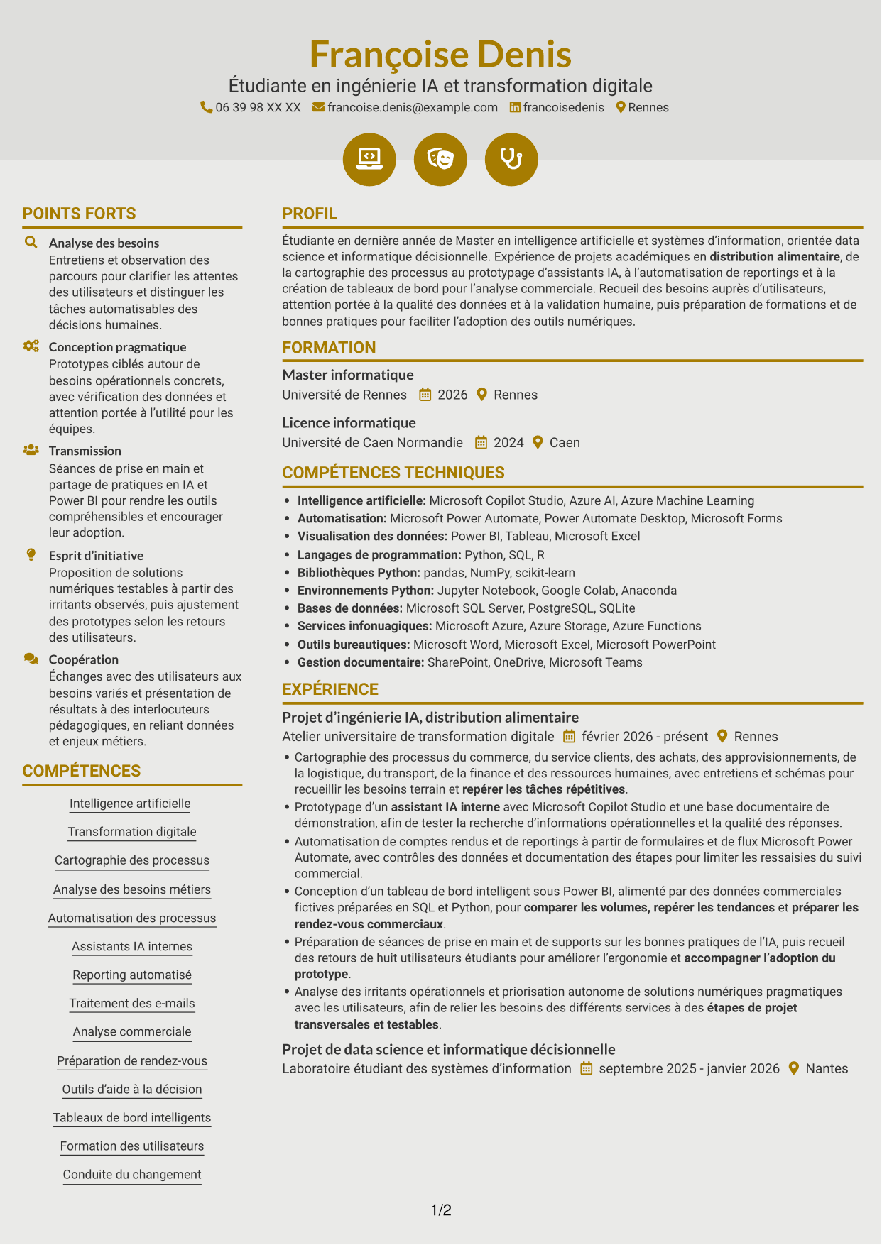CV Dynamique (format à deux colonnes avec icônes) : Ingénieur IA et transformation digitale, page 1