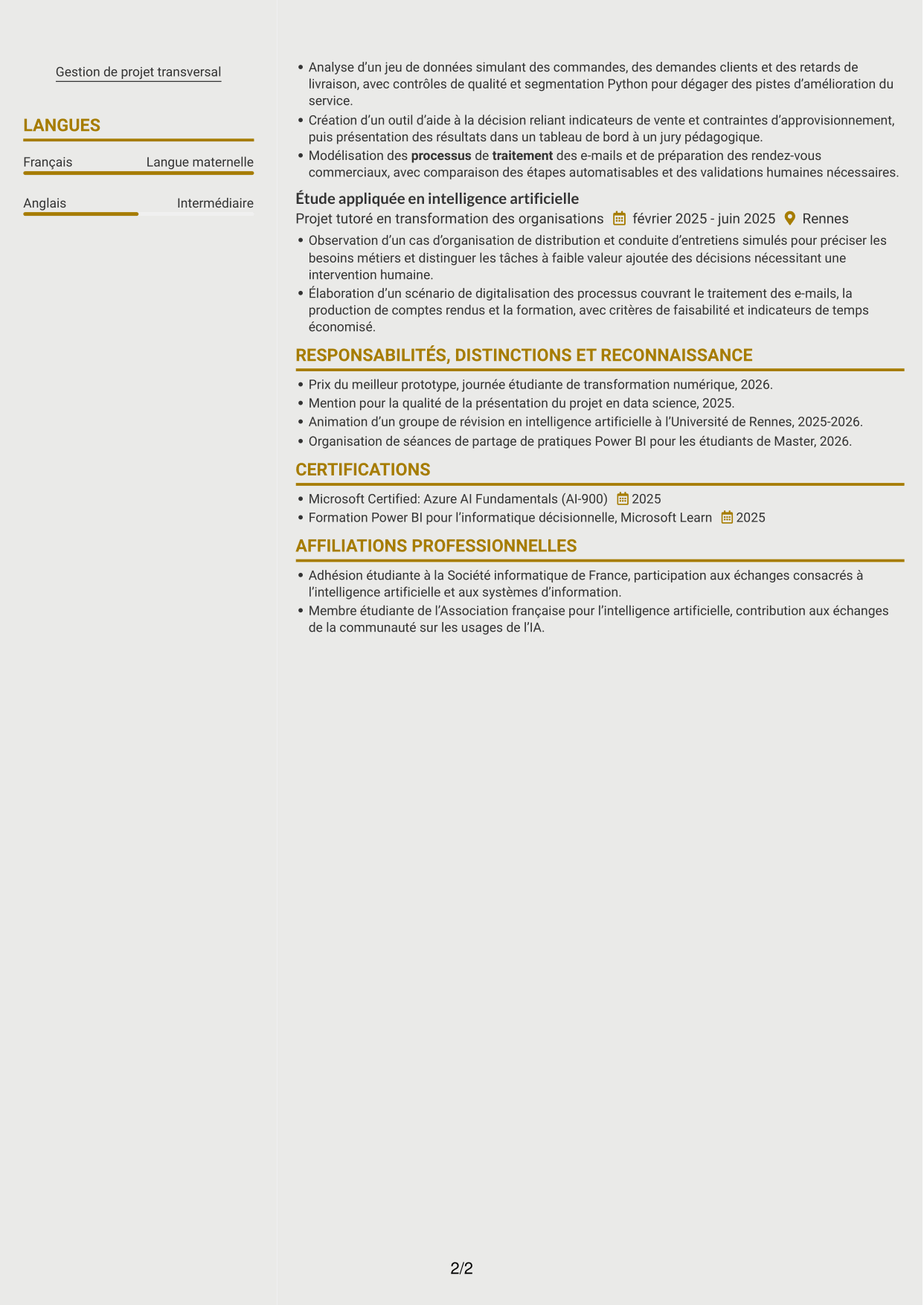 CV Dynamique (format à deux colonnes avec icônes) : Ingénieur IA et transformation digitale, page 2