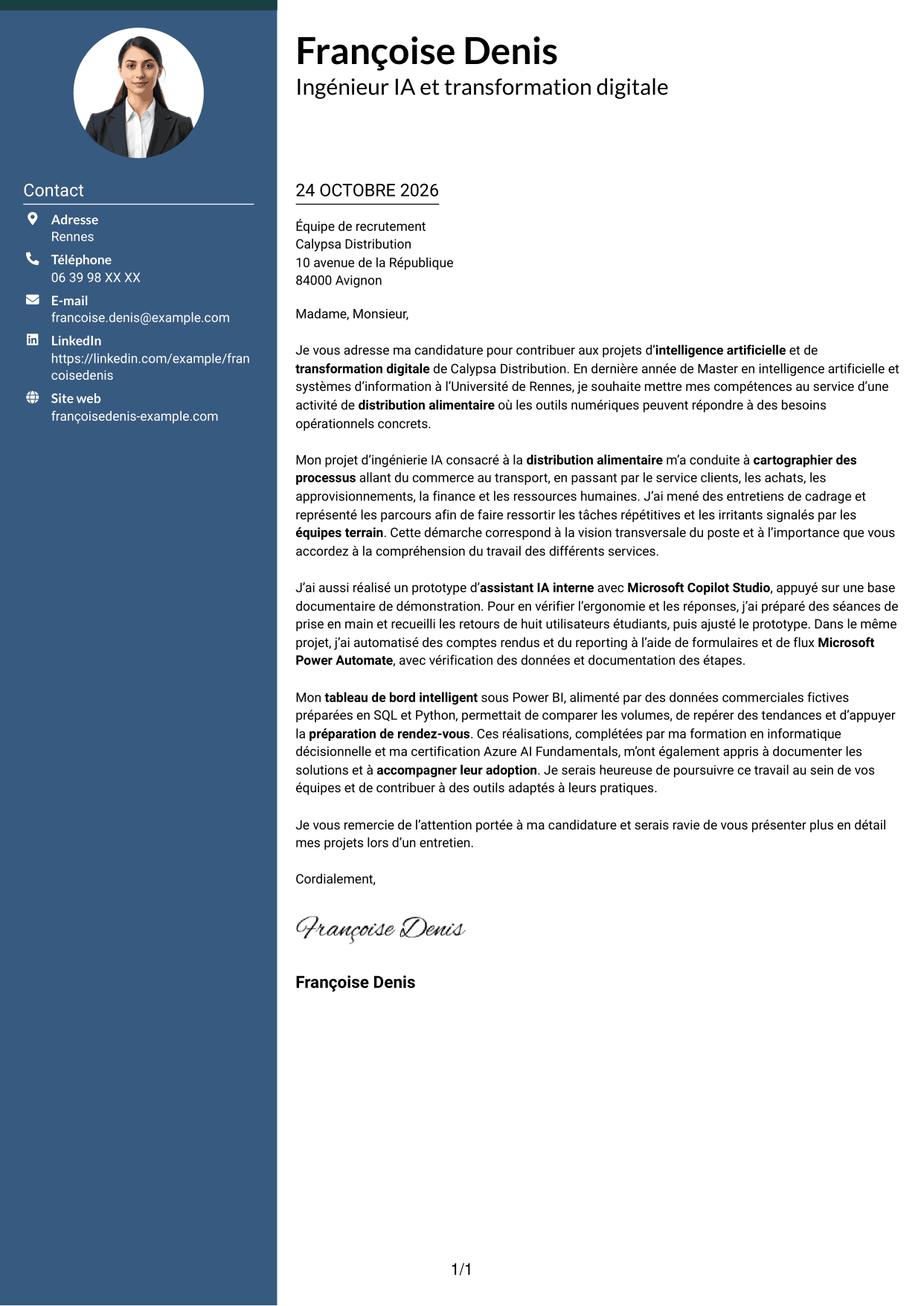 Lettre de motivation Élégant (format à colonne latérale colorée avec photo) : Ingénieur IA et transformation digitale, page 1