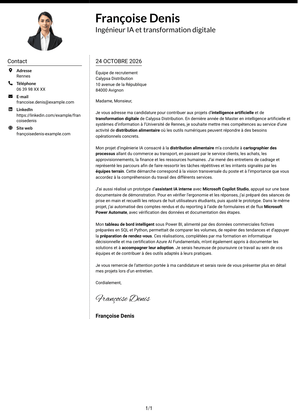 Lettre de motivation Moderne (format à deux colonnes avec photo à gauche et séparateur) : Ingénieur IA et transformation digitale, page 1