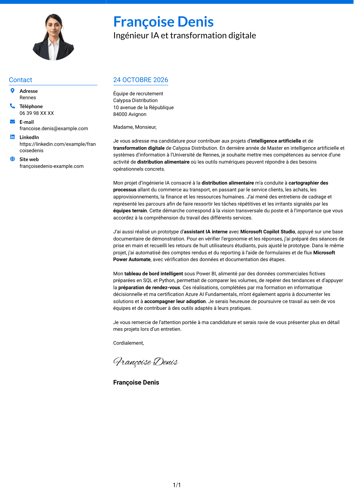 Lettre de motivation Audacieux (format à deux colonnes avec accents colorés et photo) : Ingénieur IA et transformation digitale, page 1