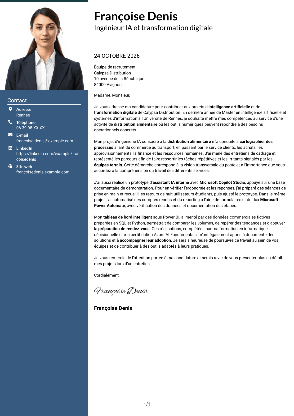 Lettre de motivation Signature (format à colonne latérale colorée avec grande photo) : Ingénieur IA et transformation digitale, page 1
