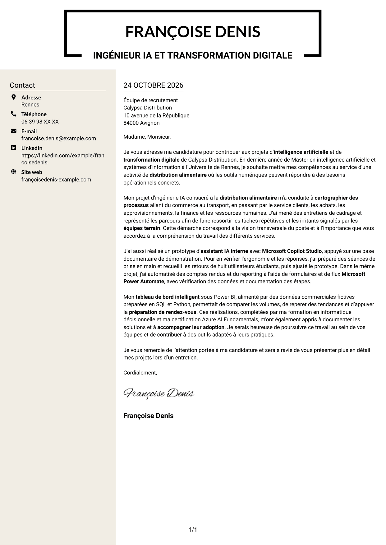 Lettre de motivation Fonceur (format à deux colonnes avec en-tête centré sans photo) : Ingénieur IA et transformation digitale, page 1