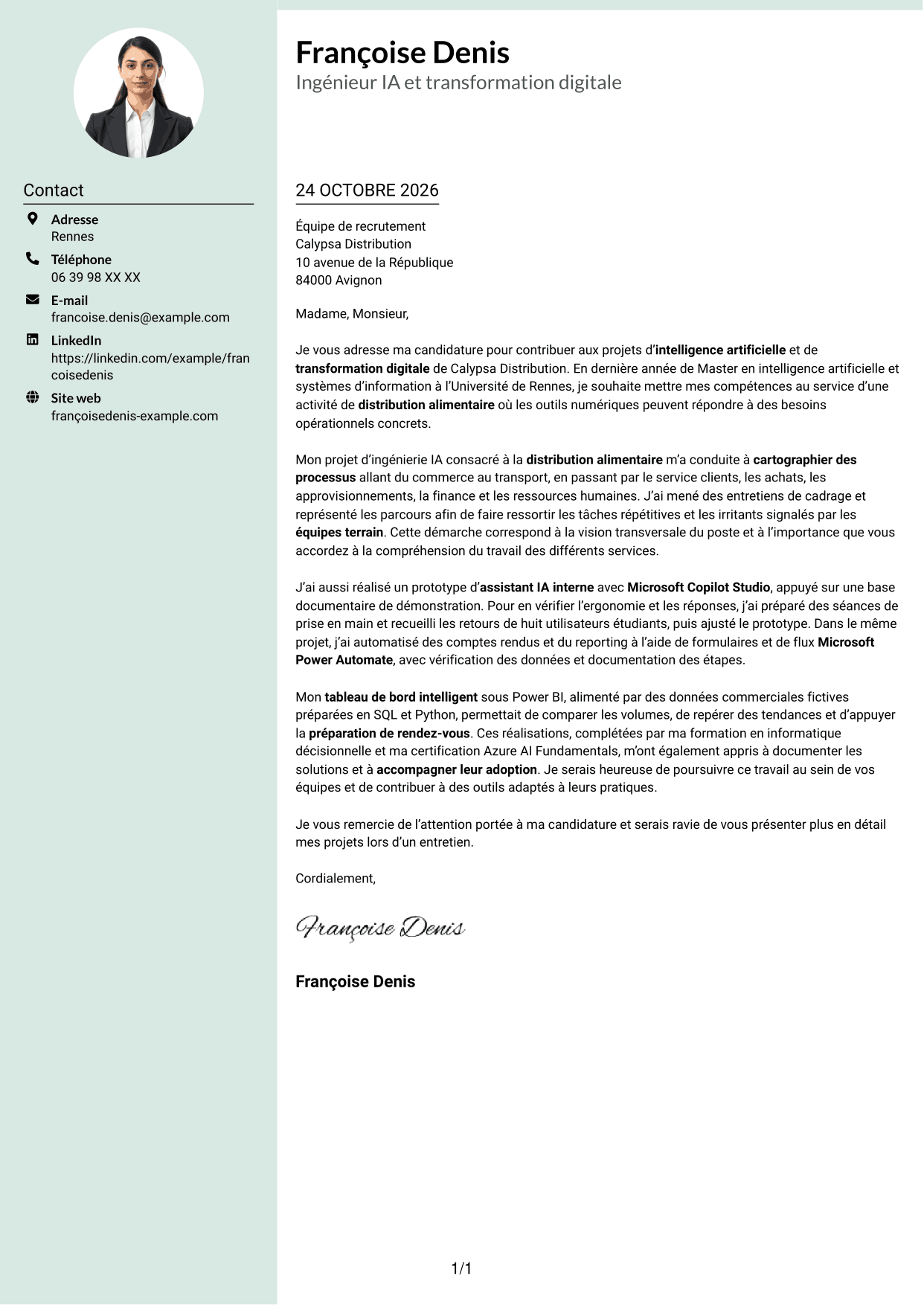 Lettre de motivation Cadre (format à colonne latérale douce avec photo arrondie) : Ingénieur IA et transformation digitale, page 1