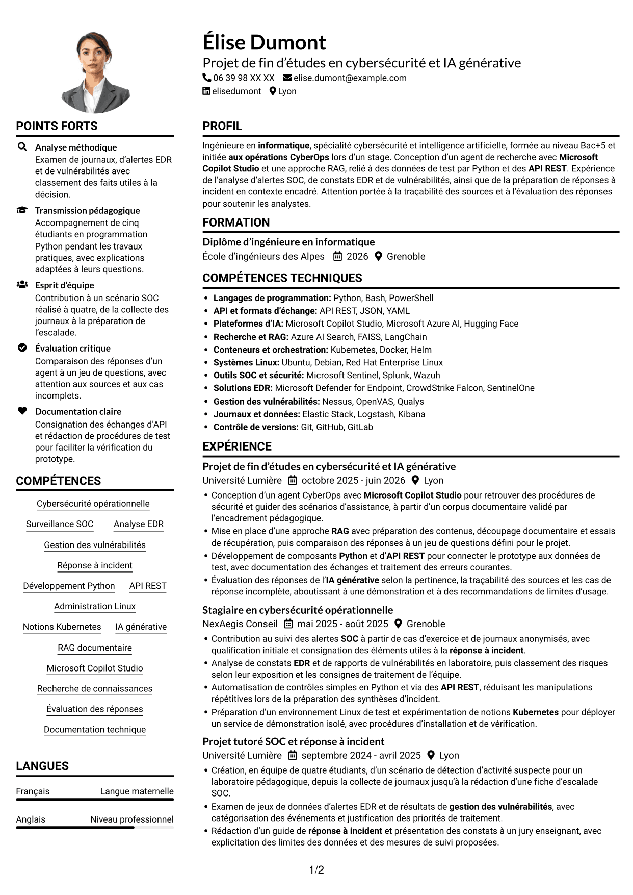 Ingénieur IA générative et cybersécurité opérationnelle CV, page 1