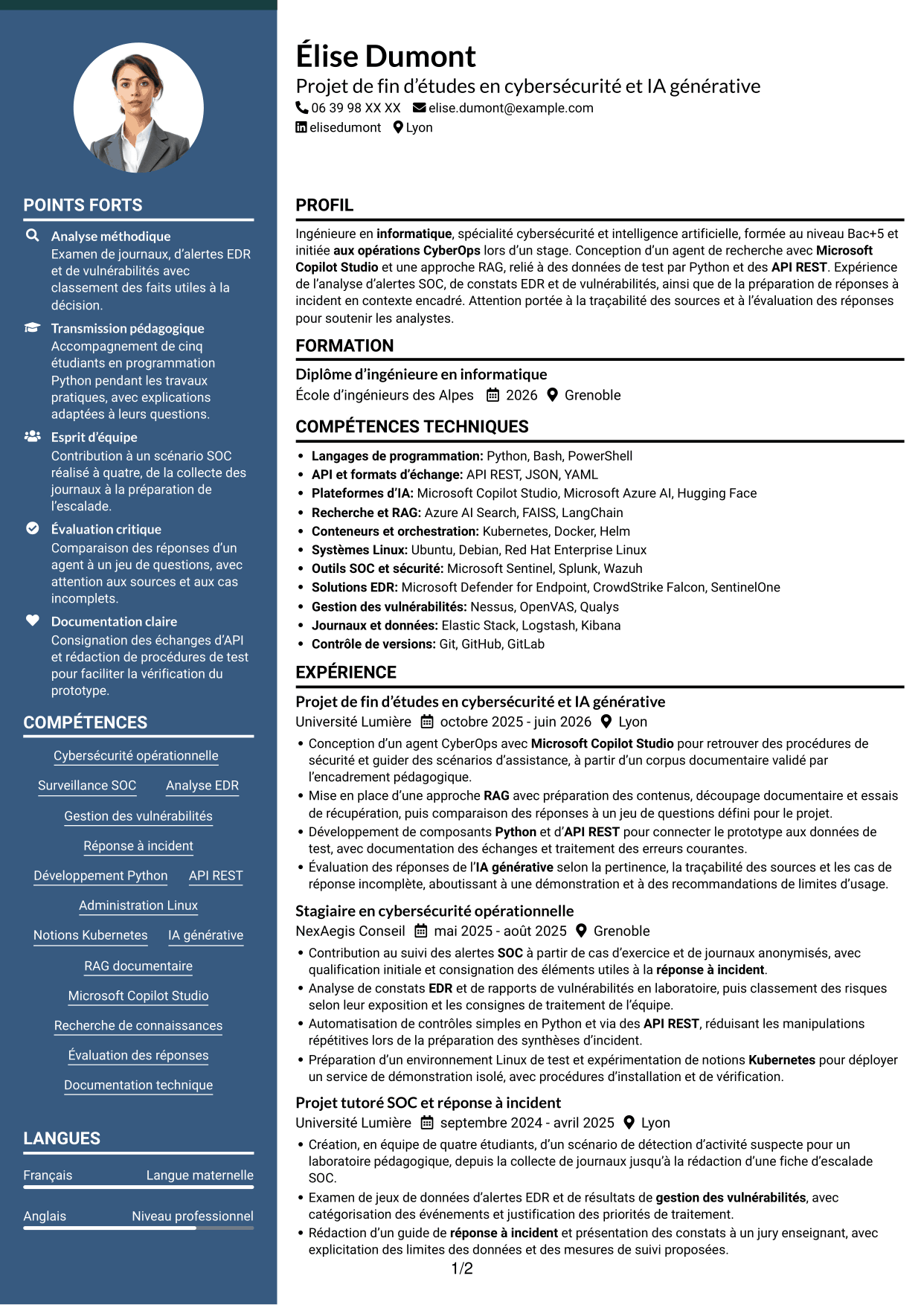 CV Élégant (format à colonne latérale colorée avec photo) : Ingénieur IA générative et cybersécurité opérationnelle, page 1